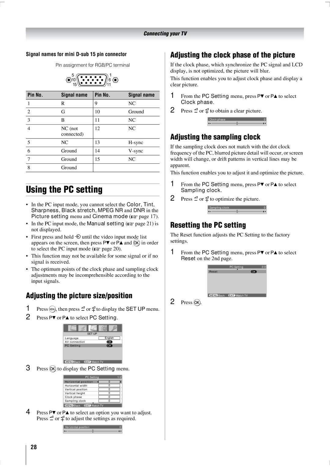 Toshiba 47WL68T Using the PC setting, Adjusting the picture size/position, Adjusting the clock phase of the picture 