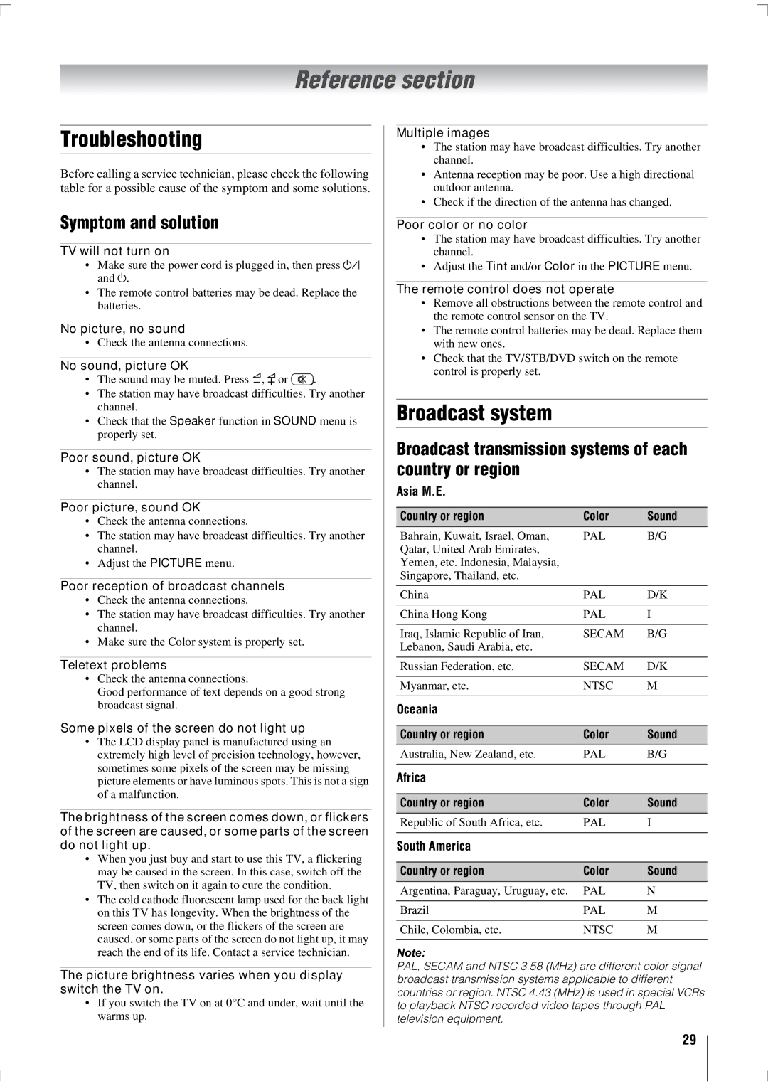 Toshiba 47WL68A, 47WL68E, 47WL68T owner manual Reference section, Troubleshooting, Broadcast system, Symptom and solution 