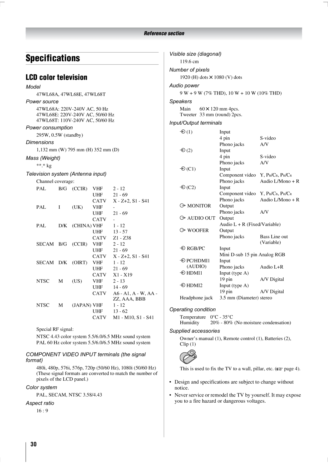 Toshiba 47WL68E, 47WL68T, 47WL68A owner manual Specifications, LCD color television 