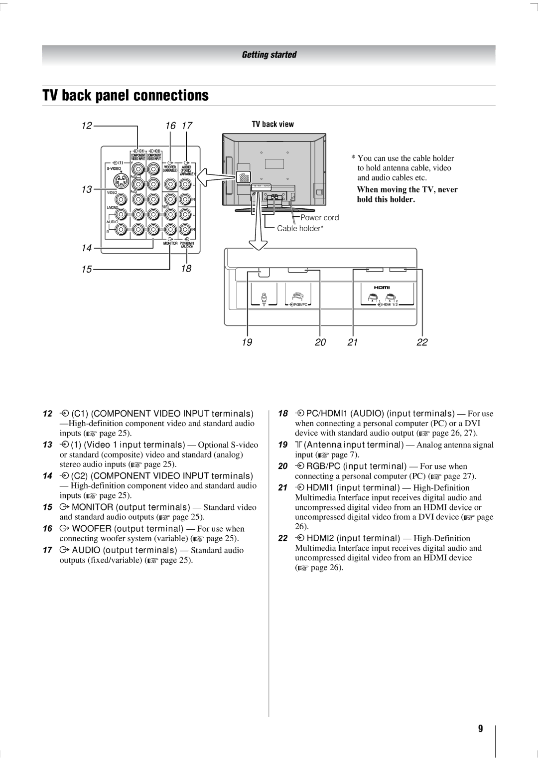 Toshiba 47WL68E, 47WL68T, 47WL68A owner manual TV back panel connections, 12 o C1 Component Video Input terminals 