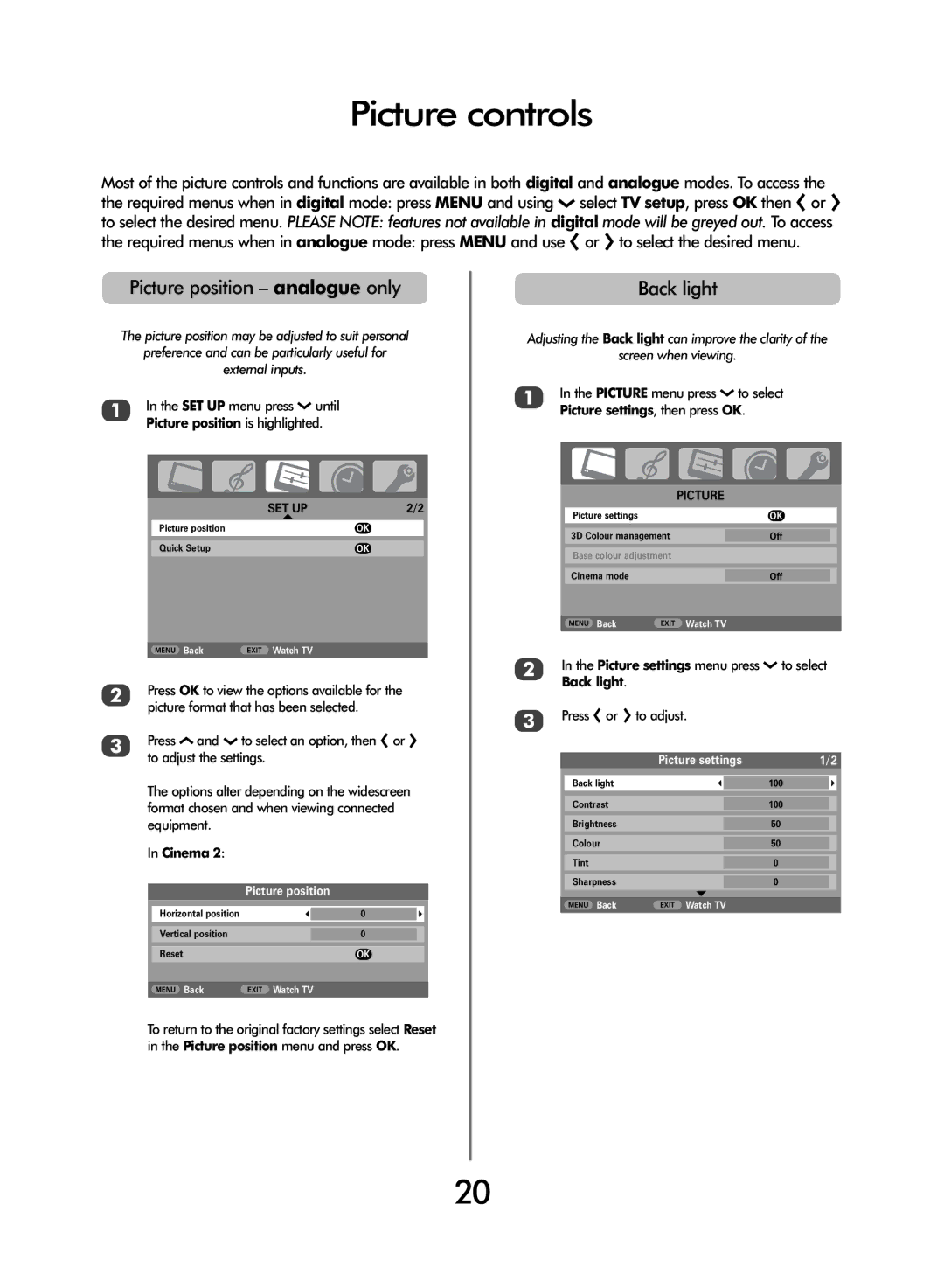 Toshiba 47WLT66 owner manual Picture controls, Picture position analogue only, Back light 