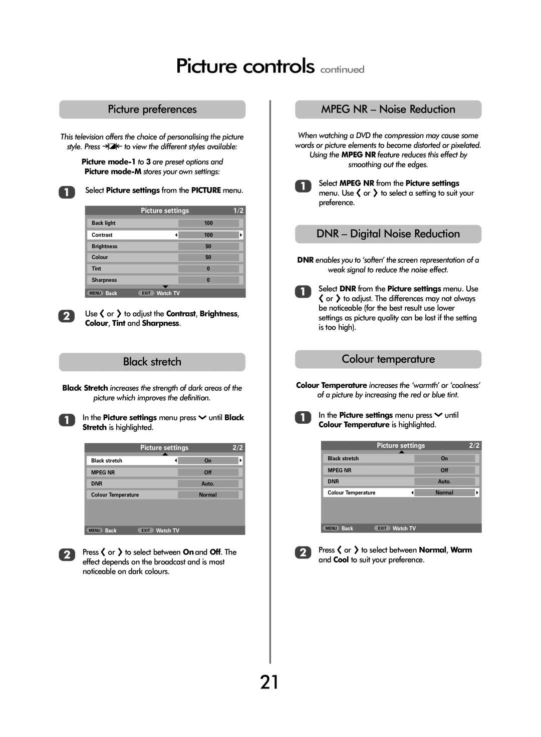 Toshiba 47WLT66 owner manual Picture preferences, Black stretch, Mpeg NR Noise Reduction, DNR Digital Noise Reduction 