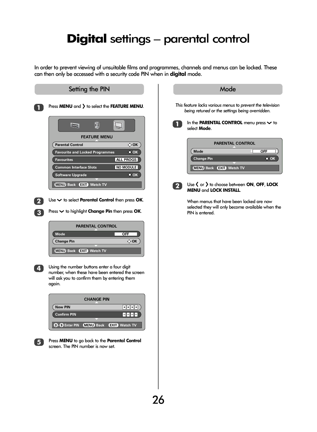 Toshiba 47WLT66 Digital settings parental control, Setting the PIN, Mode, Press Menu and R to select the Feature Menu 