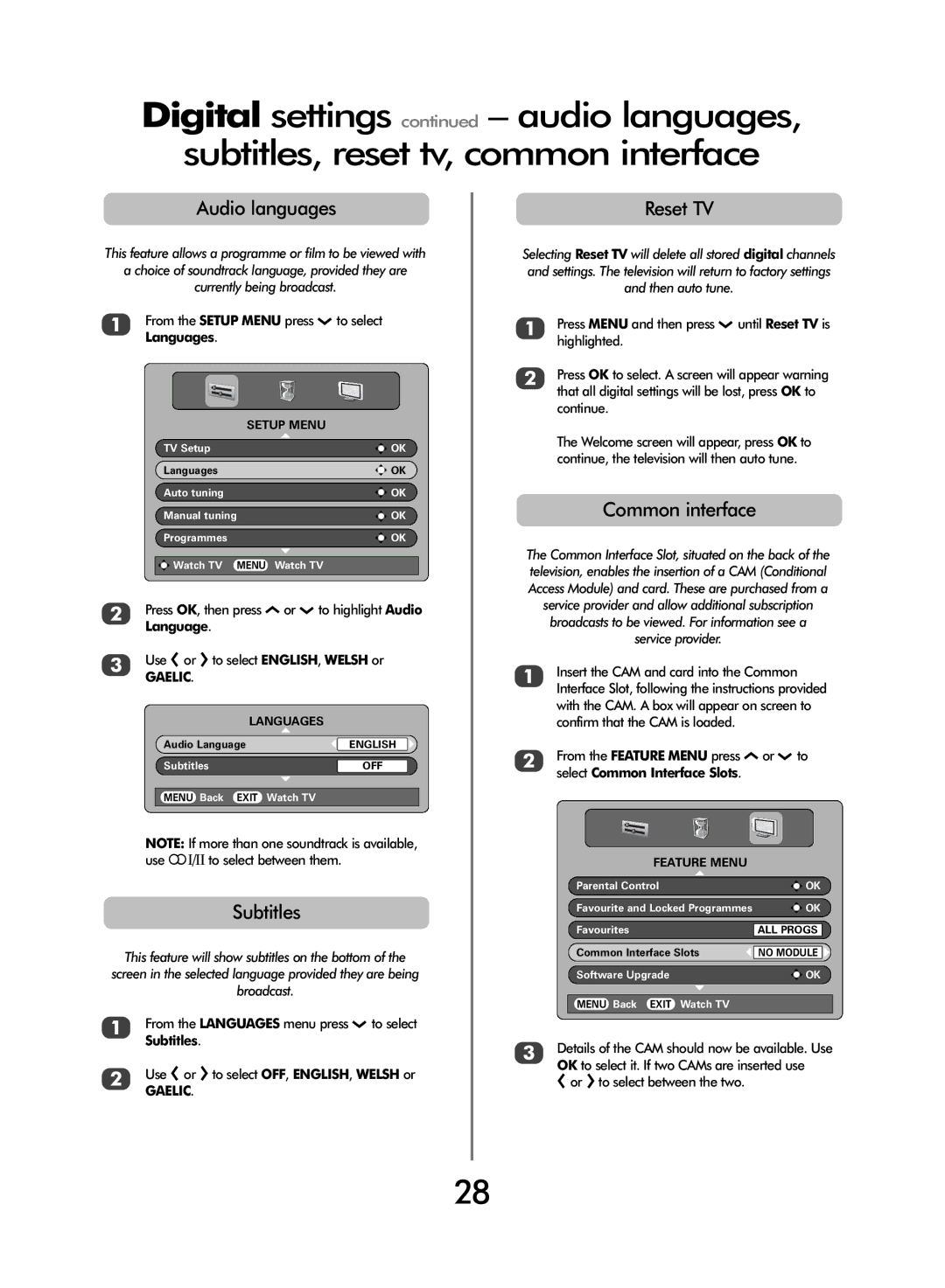 Toshiba 47WLT66 owner manual Audio languages, Subtitles, Reset TV, Common interface, Gaelic 