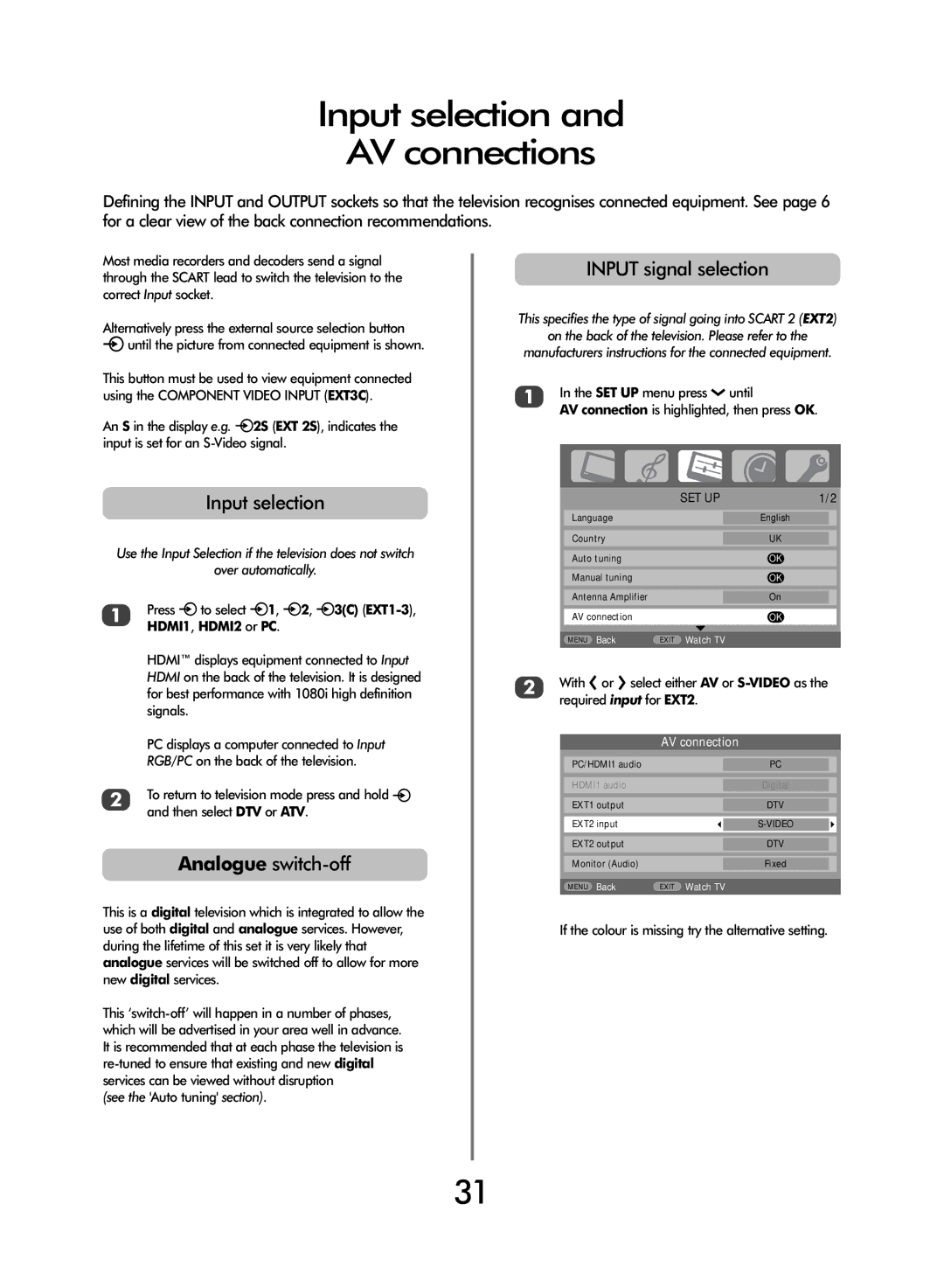 Toshiba 47WLT66 owner manual Input selection AV connections, Analogue switch-off, Input signal selection 