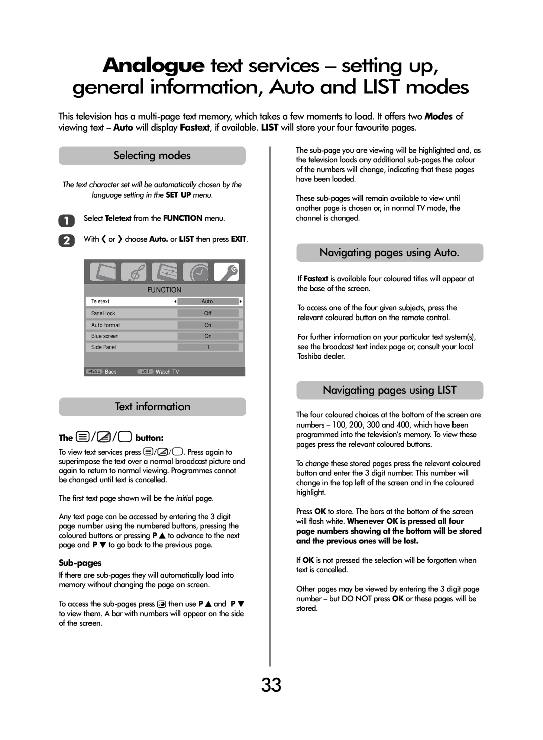 Toshiba 47WLT66 owner manual Selecting modes, Text information, Navigating pages using Auto, Navigating pages using List 