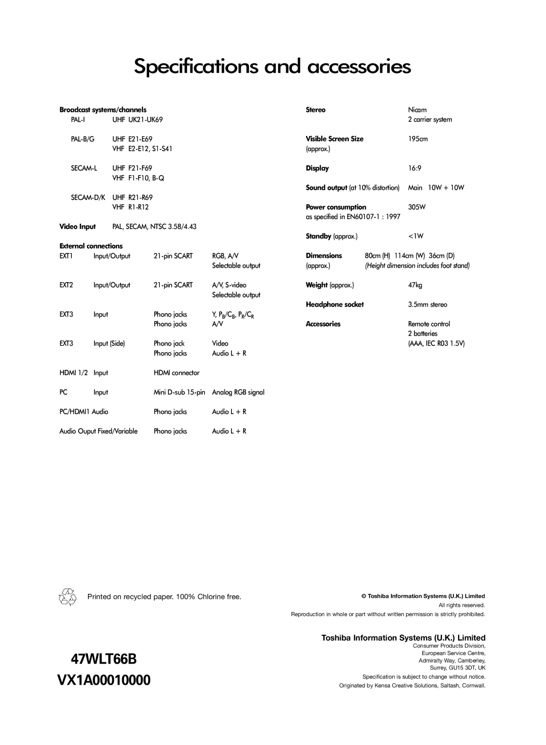 Toshiba 47WLT66 owner manual Specifications and accessories 