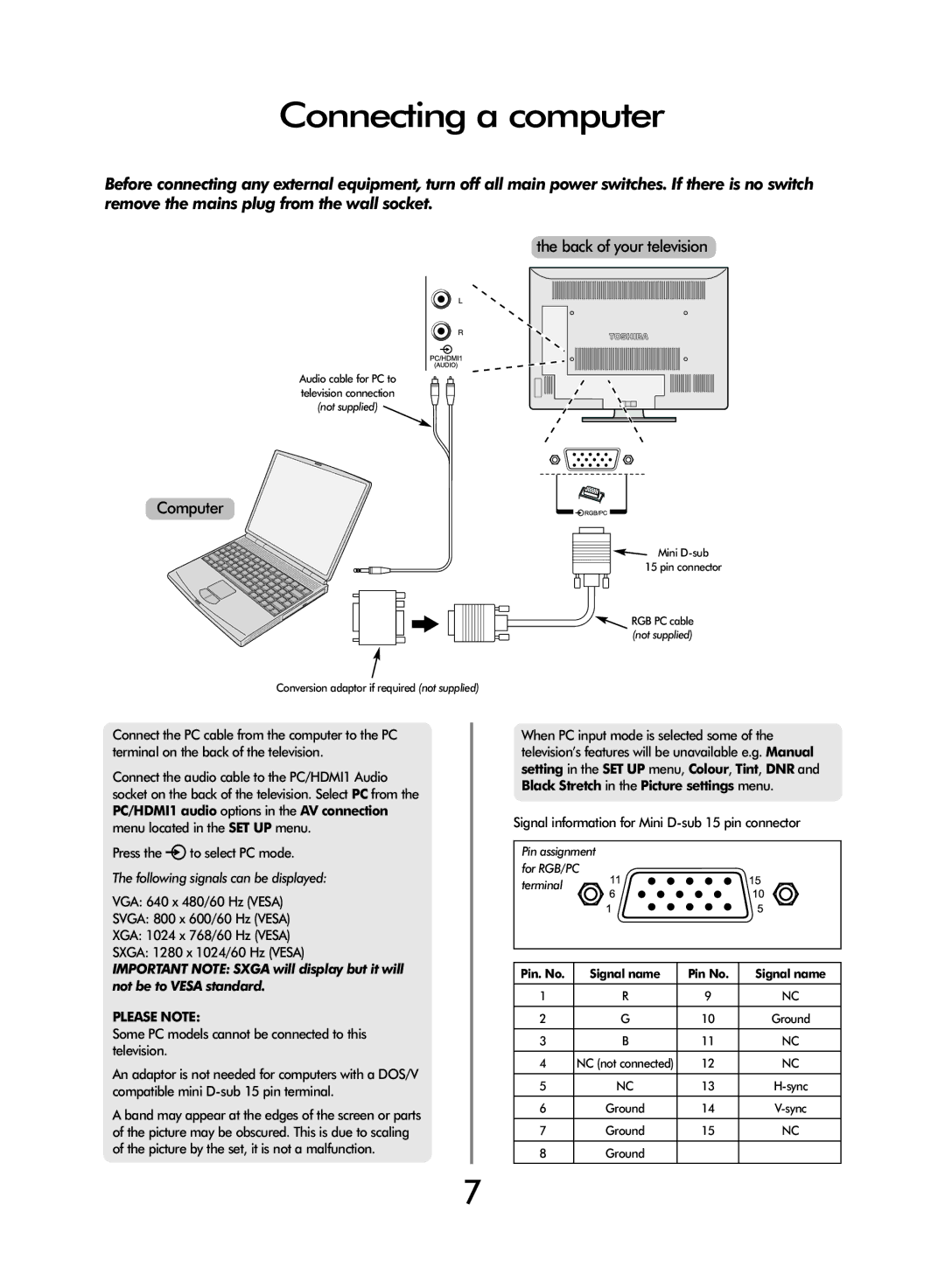 Toshiba 47WLT66 owner manual Connecting a computer, Following signals can be displayed, Please Note, Signal name Pin No 