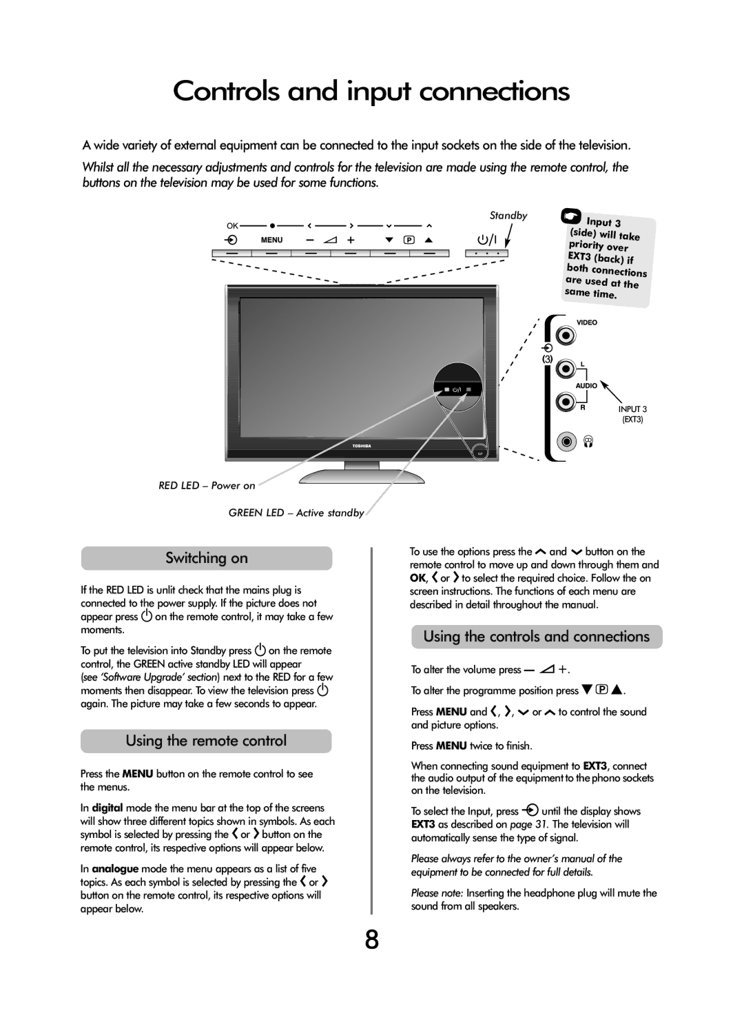 Toshiba 47WLT66 Controls and input connections, Switching on, Using the remote control, Using the controls and connections 