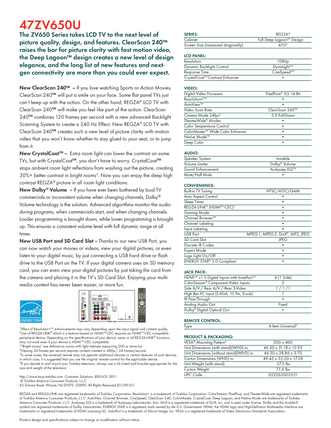 Toshiba 47ZV650U manual Series, LCD Panel, Video, Audio, Convenience, Jack Pack, Remote Control, Product & Packaging 