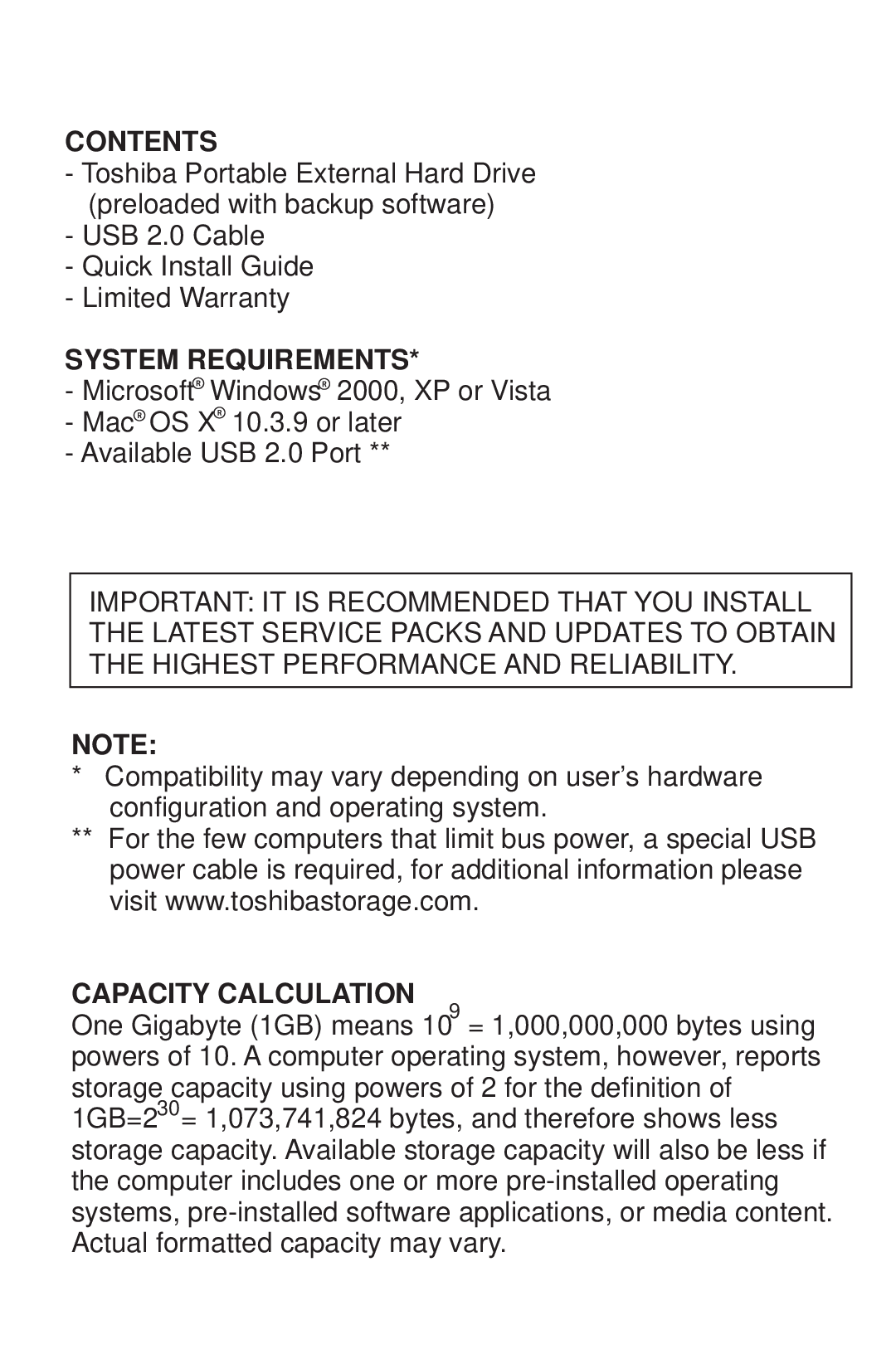 Toshiba 480082-D0 warranty Contents, System Requirements, Capacity Calculation 