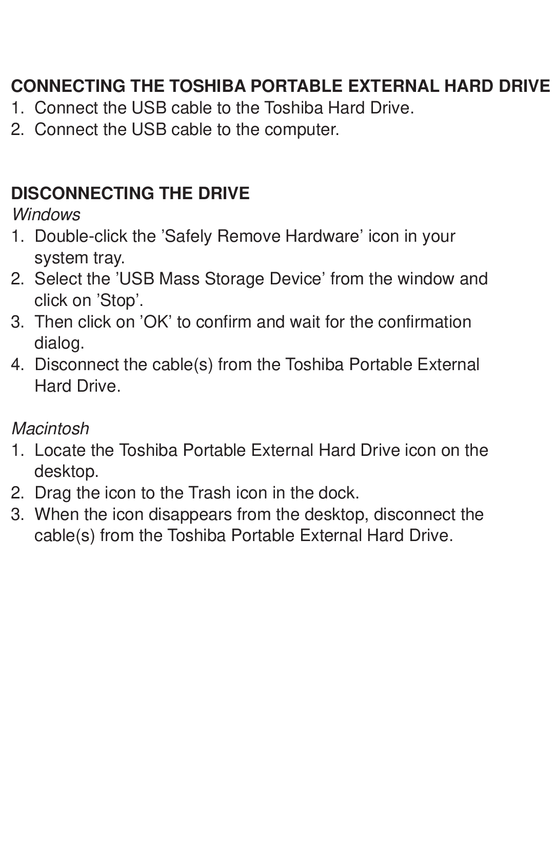 Toshiba 480082-D0 warranty Connecting the Toshiba Portable External Hard Drive, Disconnecting the Drive 