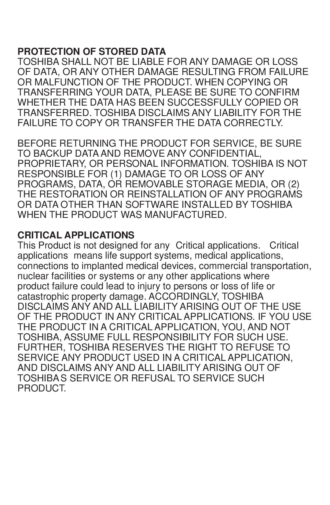 Toshiba 480082-D0 warranty Protection of Stored Data, Critical Applications 