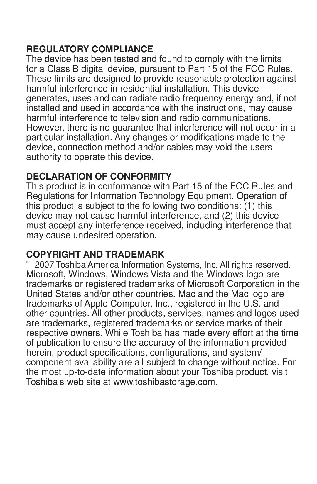 Toshiba 480082-D0 warranty Regulatory Compliance, Declaration of Conformity, Copyright and Trademark 