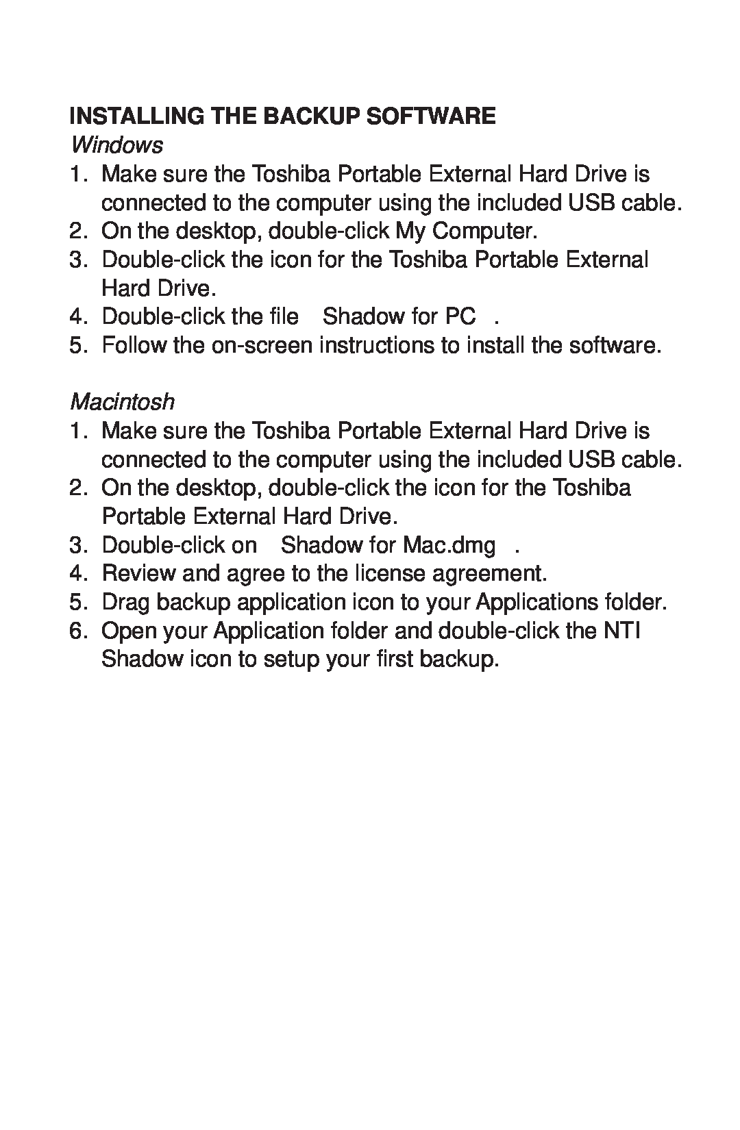Toshiba 480082-D0 warranty Installing The Backup Software, Windows, Macintosh 