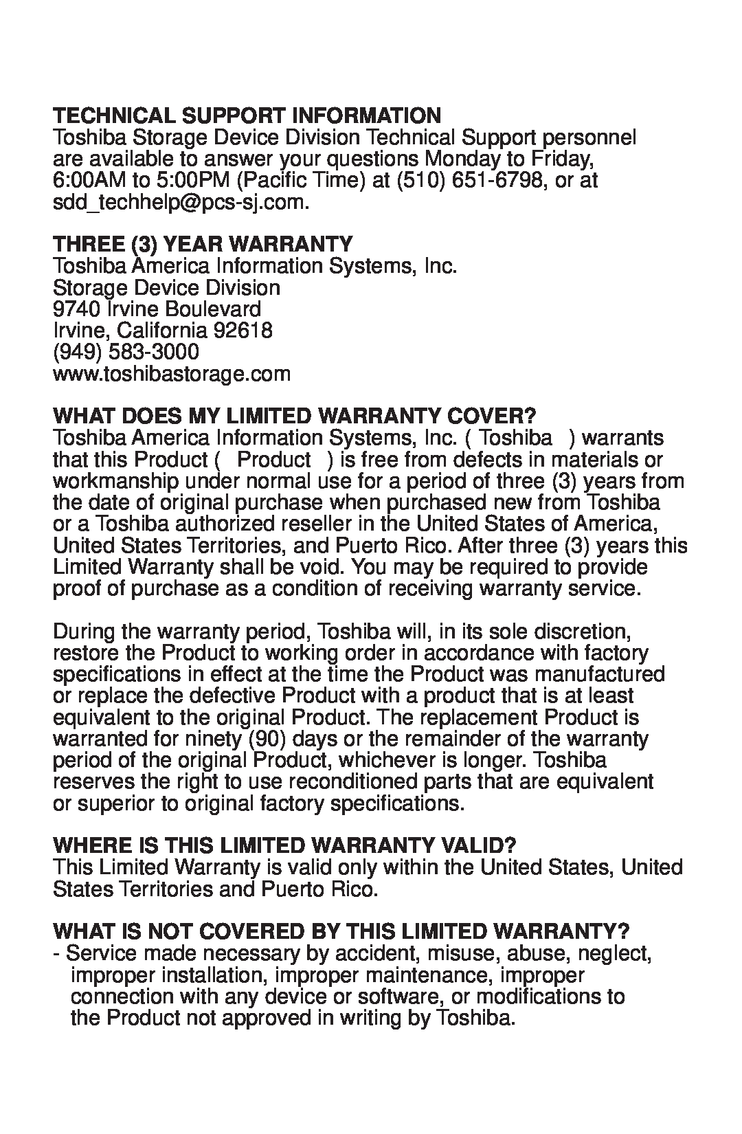Toshiba 480082-D0 warranty Technical Support Information, THREE 3 YEAR WARRANTY, Irvine Boulevard Irvine, California 