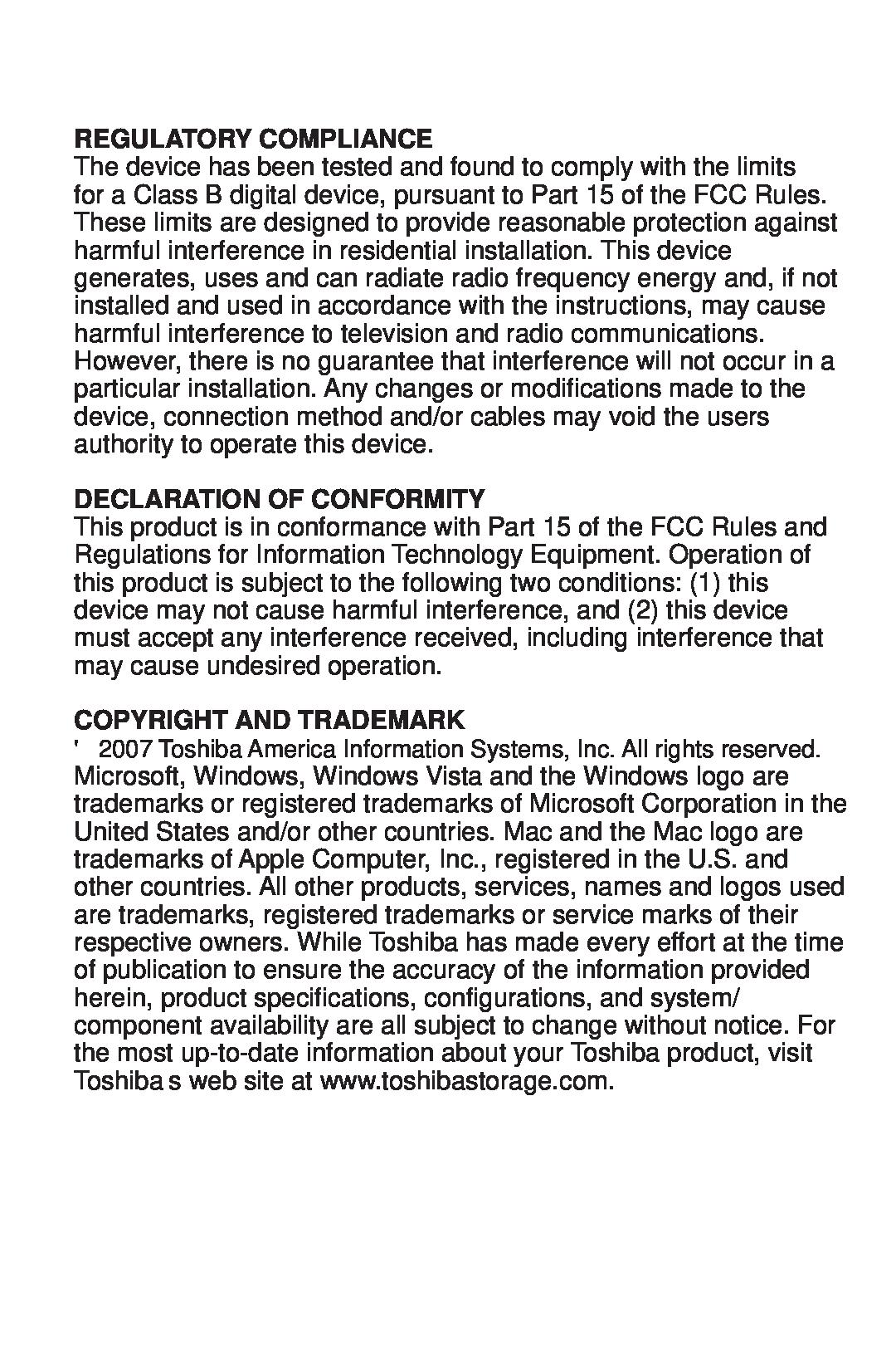 Toshiba 480082-D0 warranty Regulatory Compliance, Declaration Of Conformity, Copyright And Trademark 