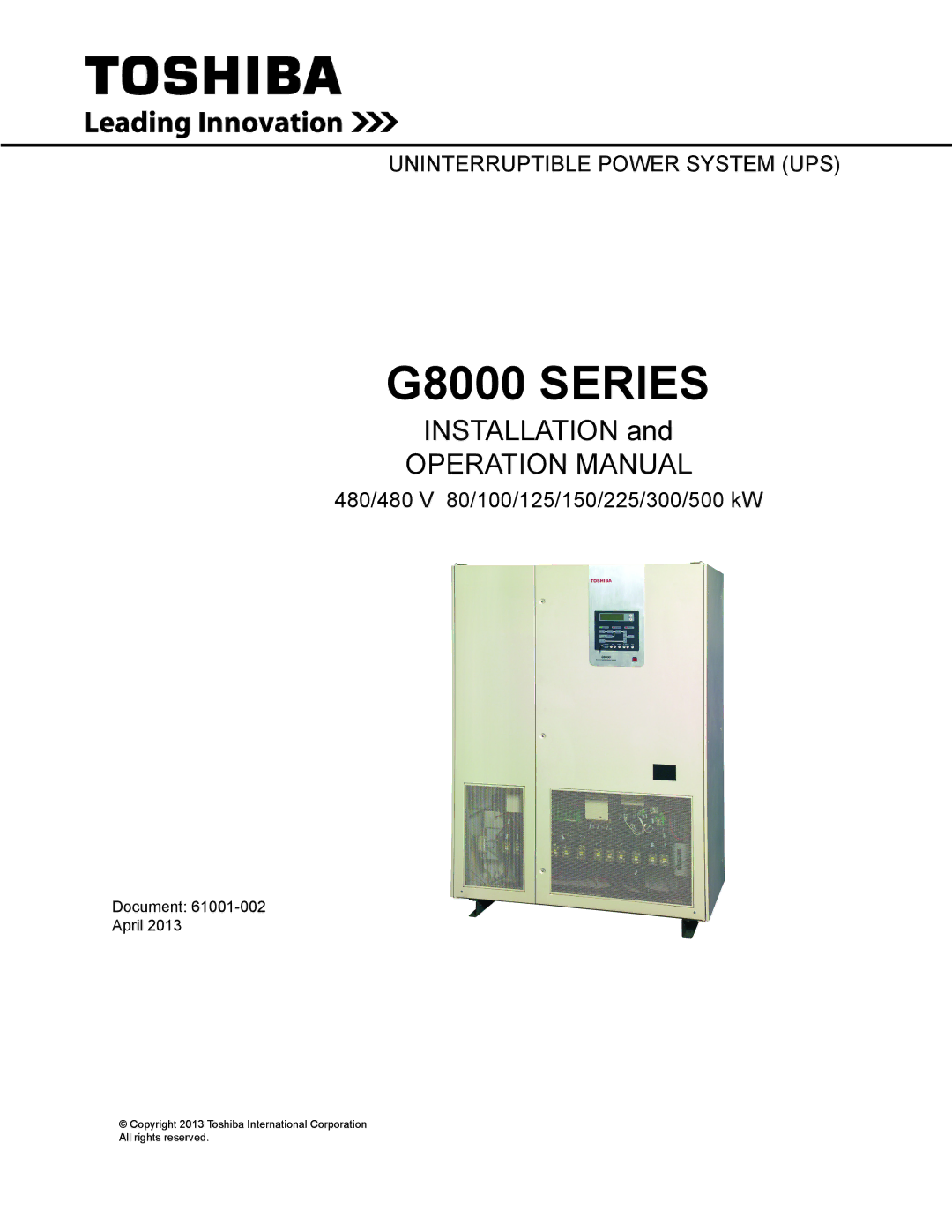 Toshiba 480 V, 500 KW, 225, 150, 300, 125, 100 operation manual G8000 Series 