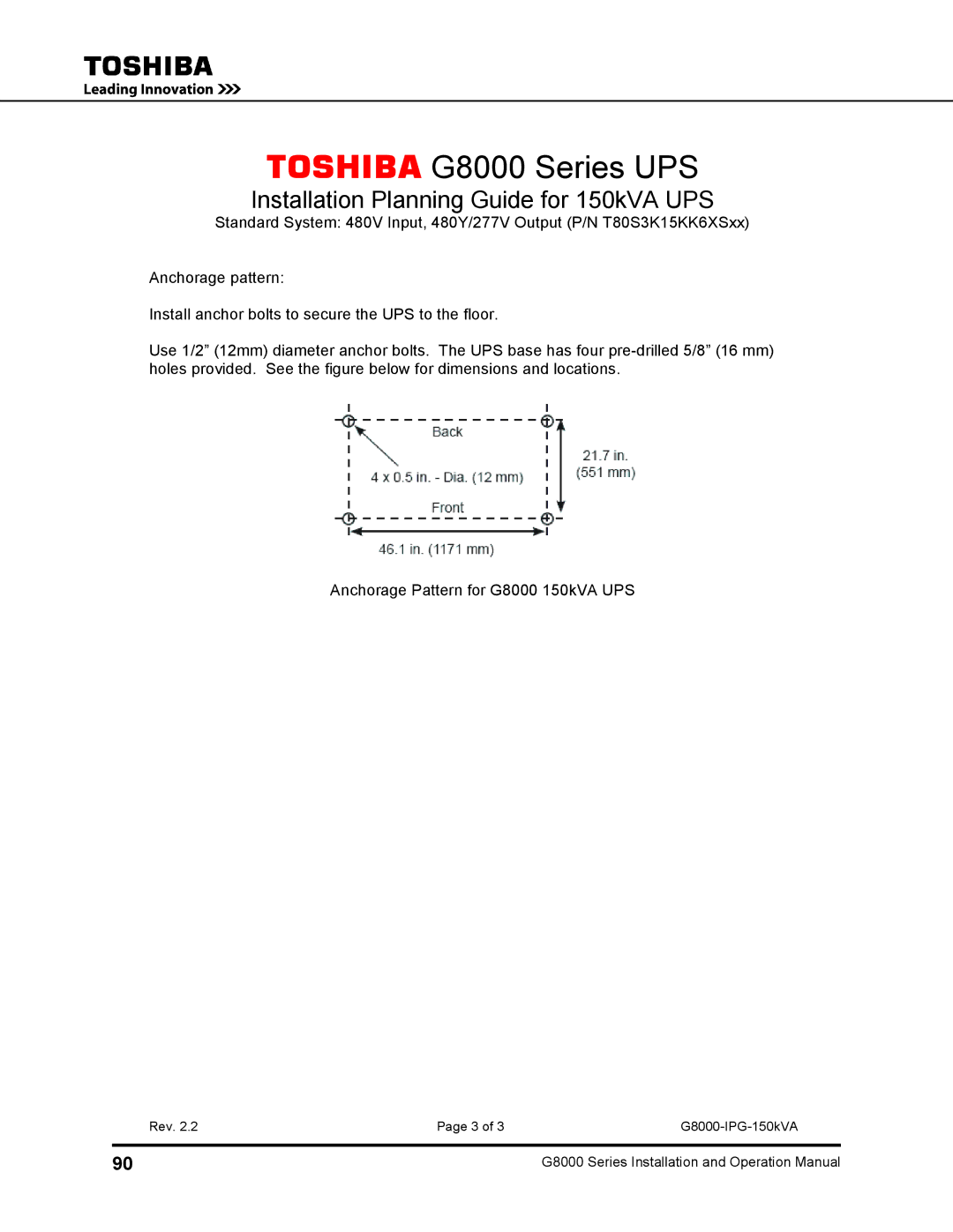 Toshiba 480 V, 500 KW, 225, 150, 300, 125, 100 operation manual Toshiba G8000 Series UPS 