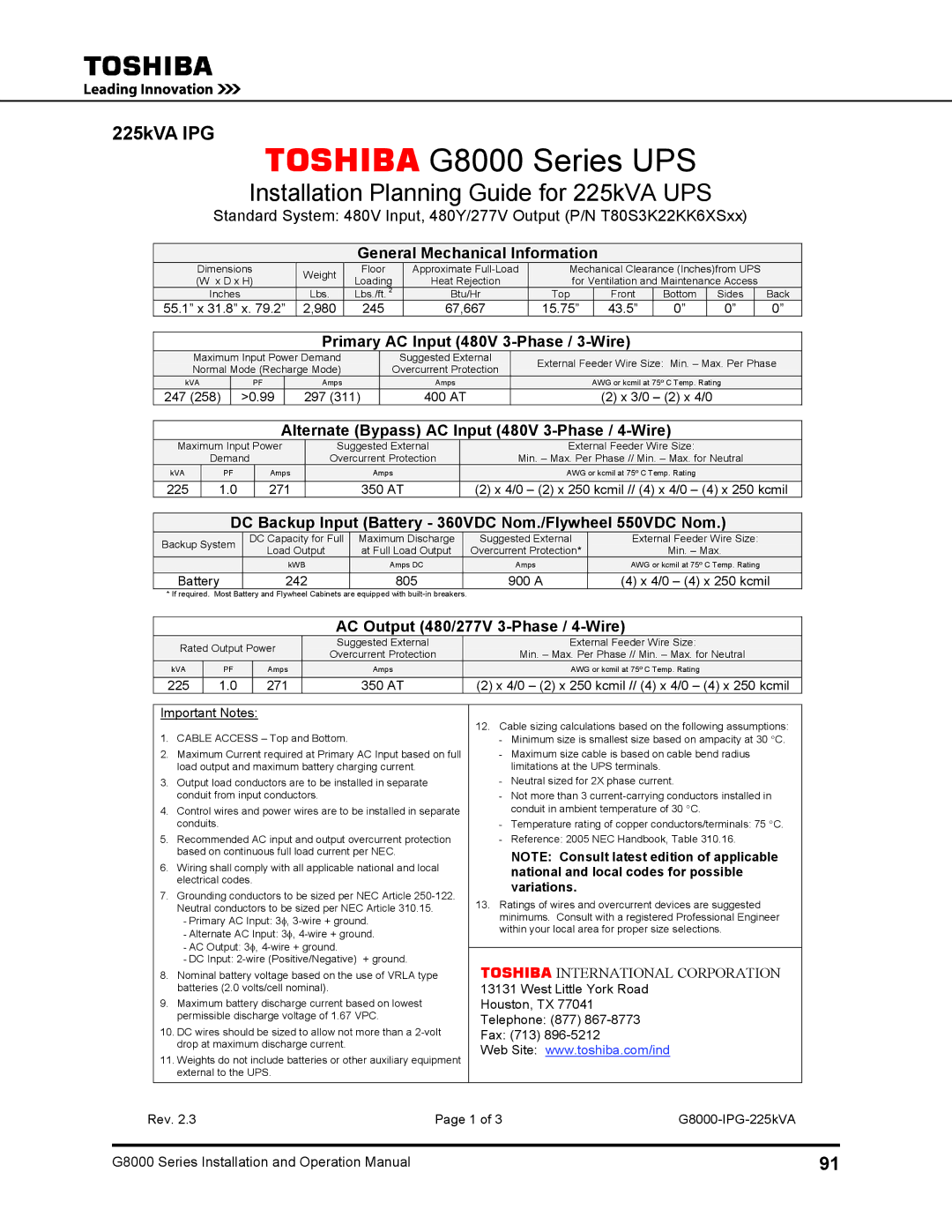 Toshiba 500 KW, 480 V, 150, 300, 125, 100 operation manual Installation Planning Guide for 225kVA UPS, 225kVA IPG 