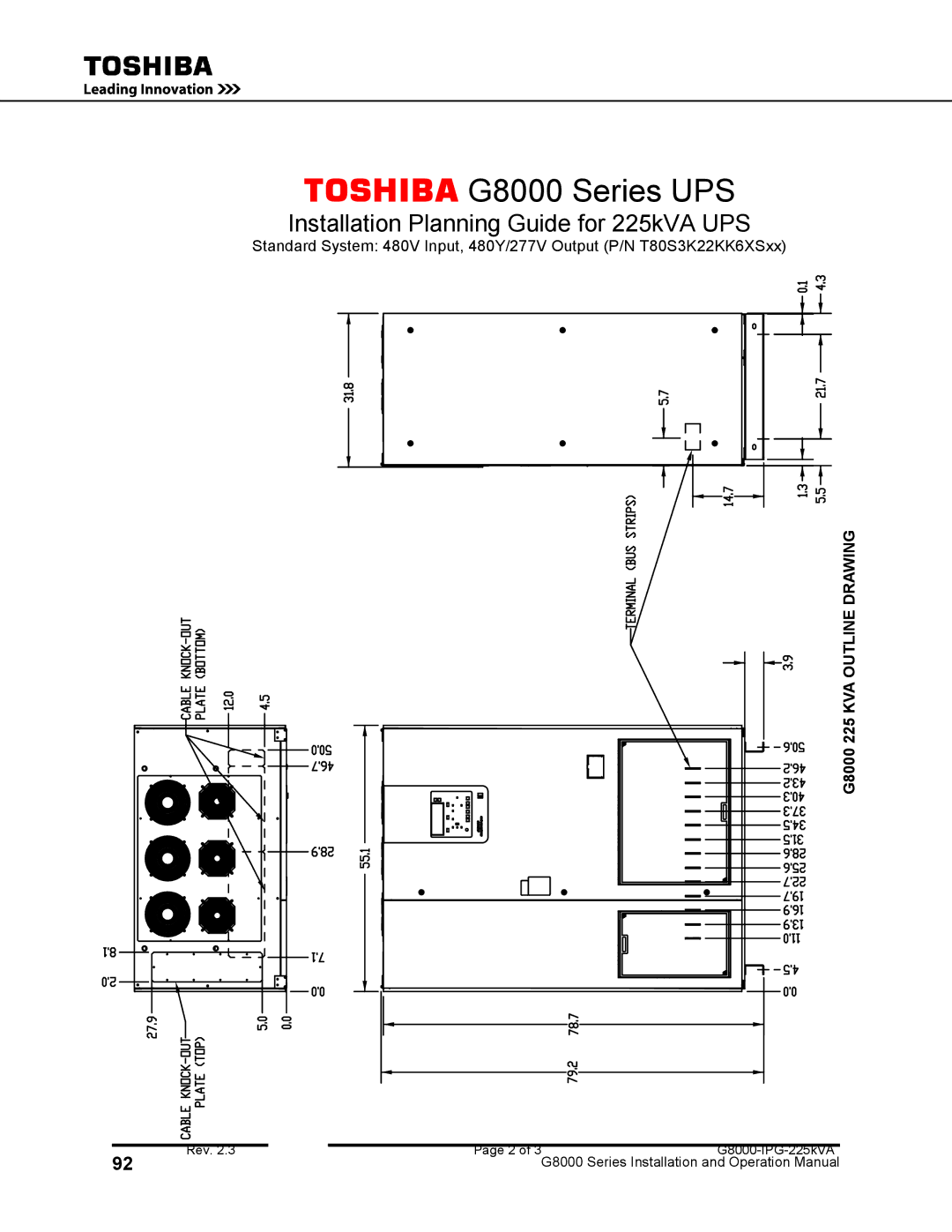 Toshiba 500 KW, 480 V, 150, 300, 125, 100 operation manual Front G8000 225 KVA Outline Drawing 