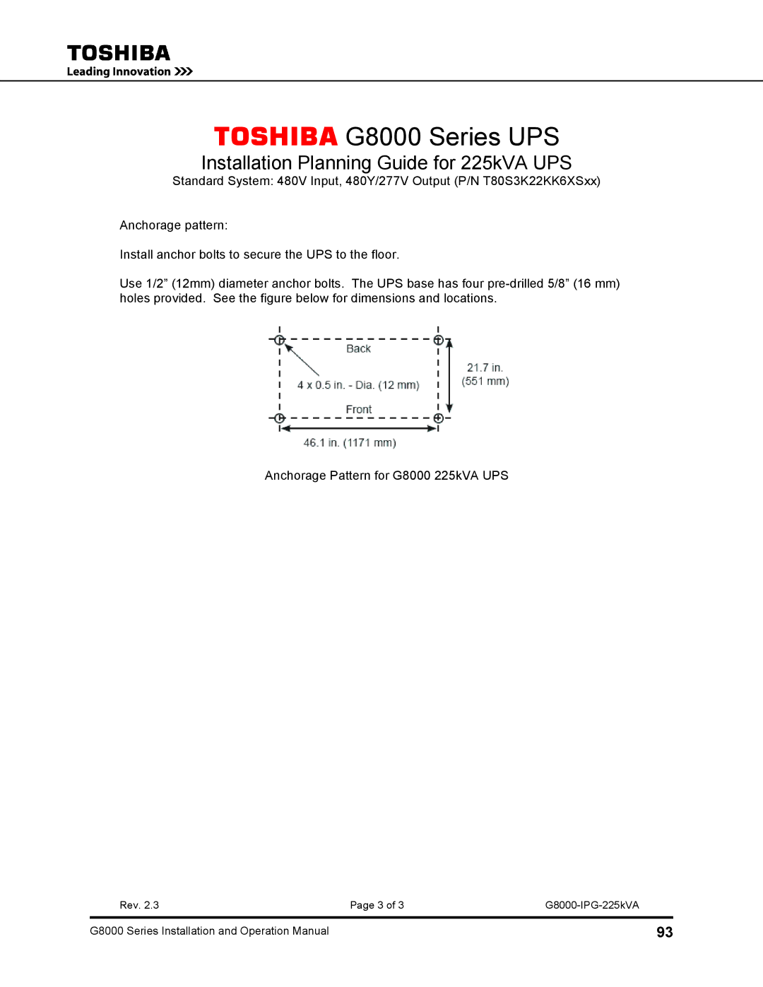 Toshiba 150, 500 KW, 480 V, 225, 300, 125, 100 operation manual Toshiba G8000 Series UPS 