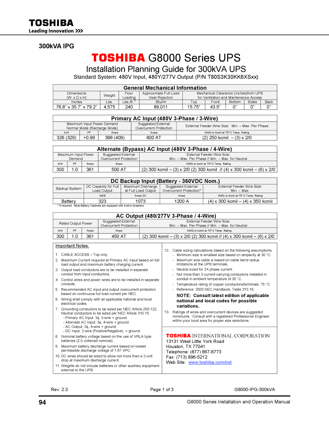 Toshiba 500 KW, 480 V, 225, 150, 125, 100 operation manual Installation Planning Guide for 300kVA UPS, 300kVA IPG 