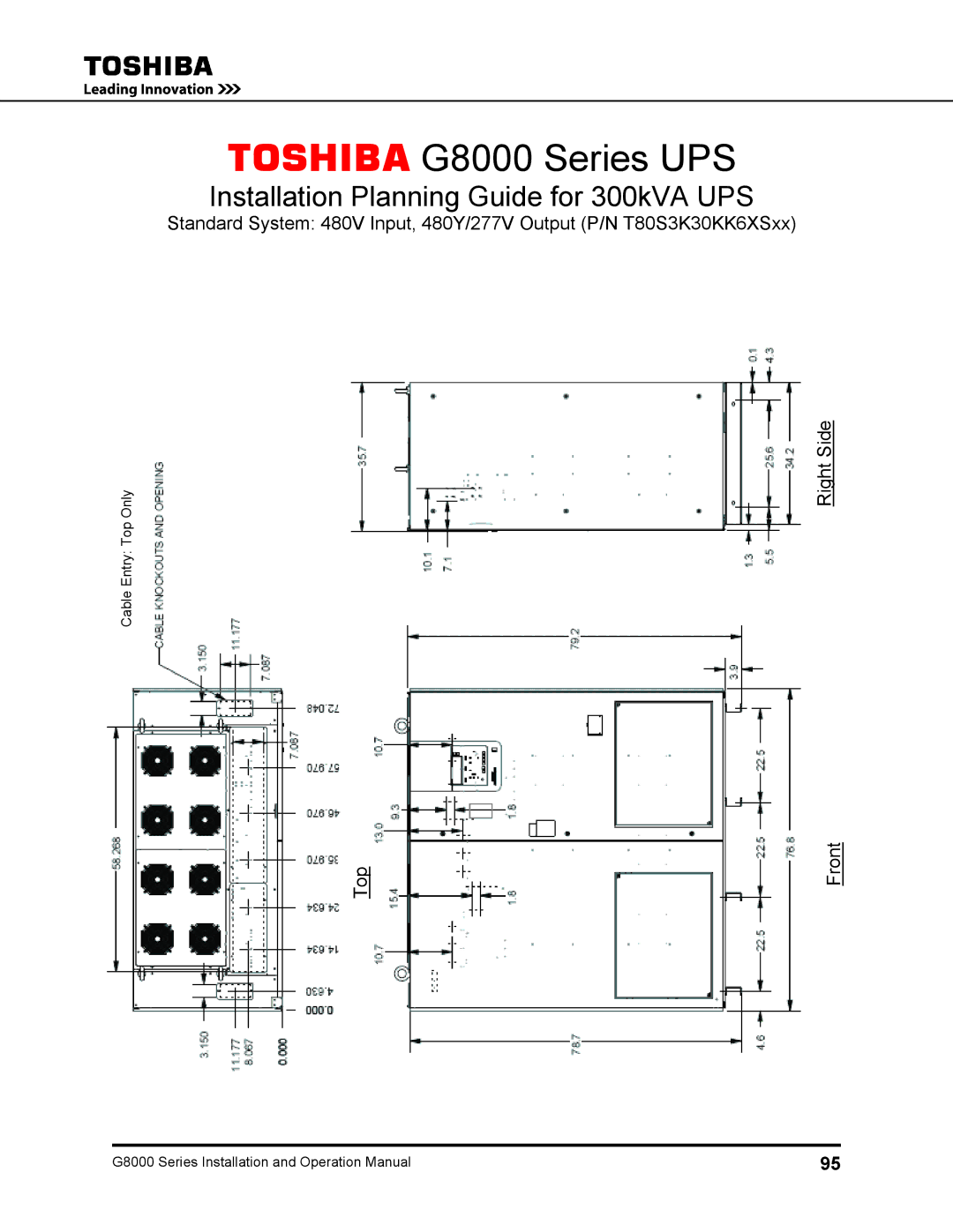 Toshiba 300, 500 KW, 480 V, 225, 150, 125, 100 operation manual Toshiba G8000 Series UPS 