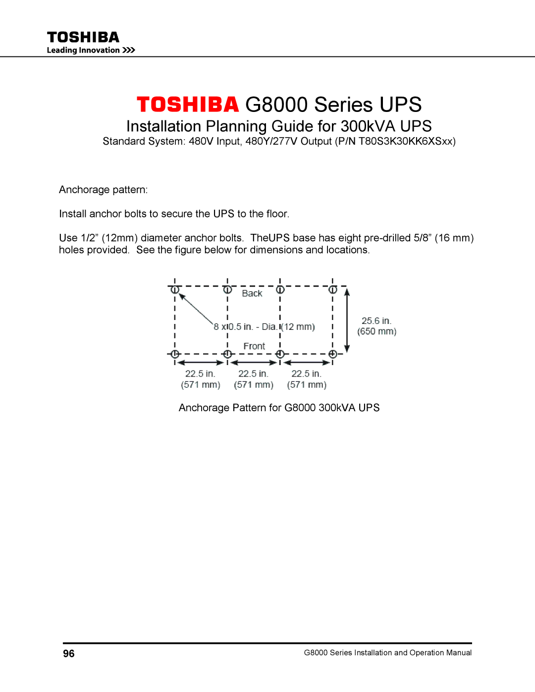 Toshiba 125, 500 KW, 480 V, 225, 150, 300, 100 operation manual Toshiba G8000 Series UPS 