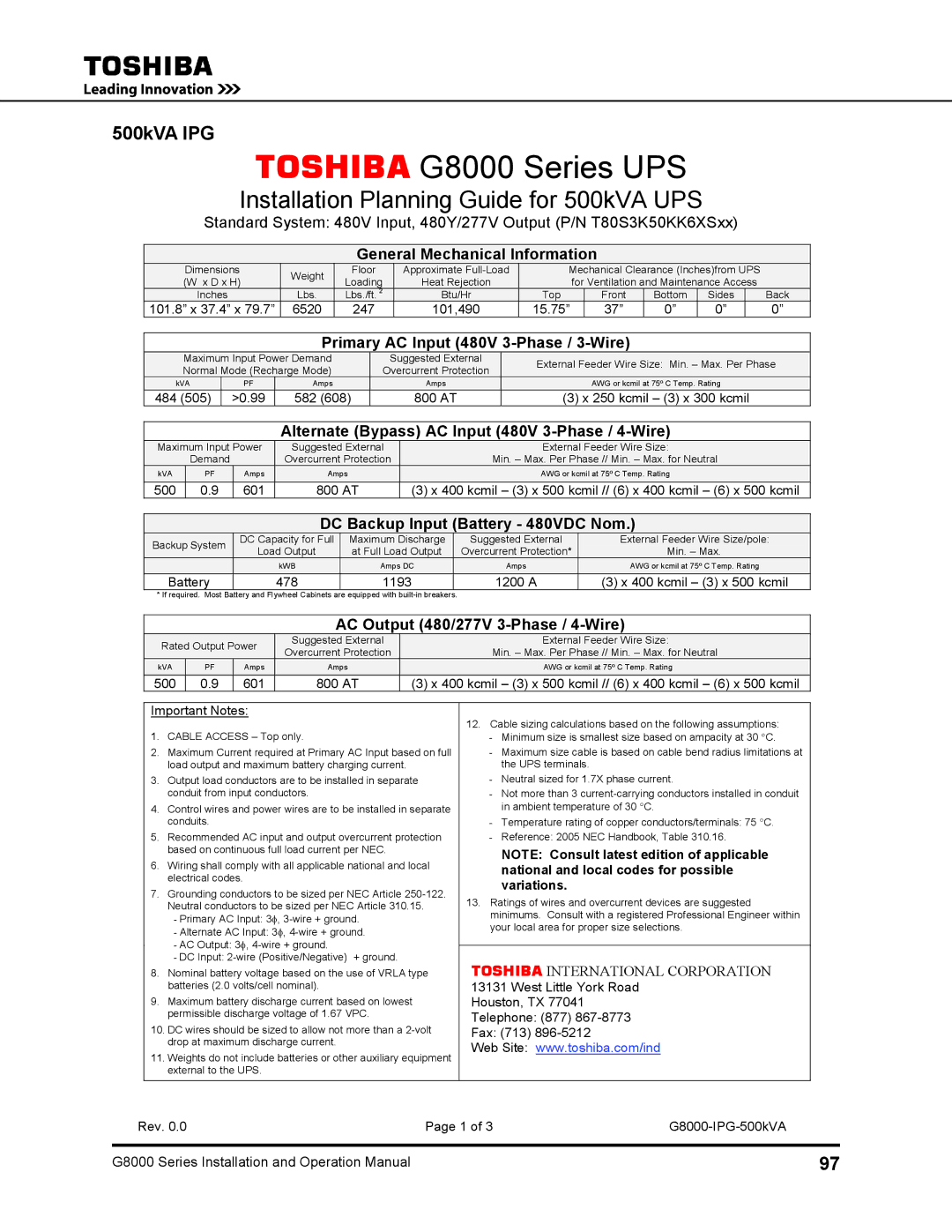 Toshiba 100, 500 KW, 480 V, 225, 150, 300, 125 operation manual Installation Planning Guide for 500kVA UPS, 500kVA IPG 