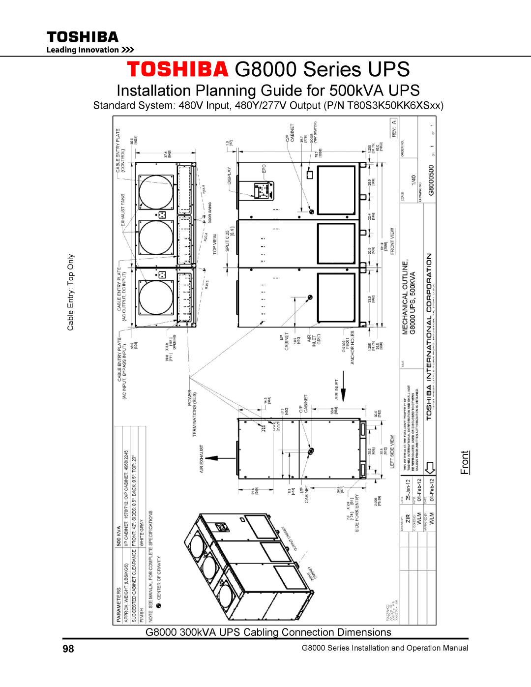 Toshiba 500 KW, 480 V, 225, 150, 300, 125, 100 operation manual Installation Planning Guide for 500kVA UPS 