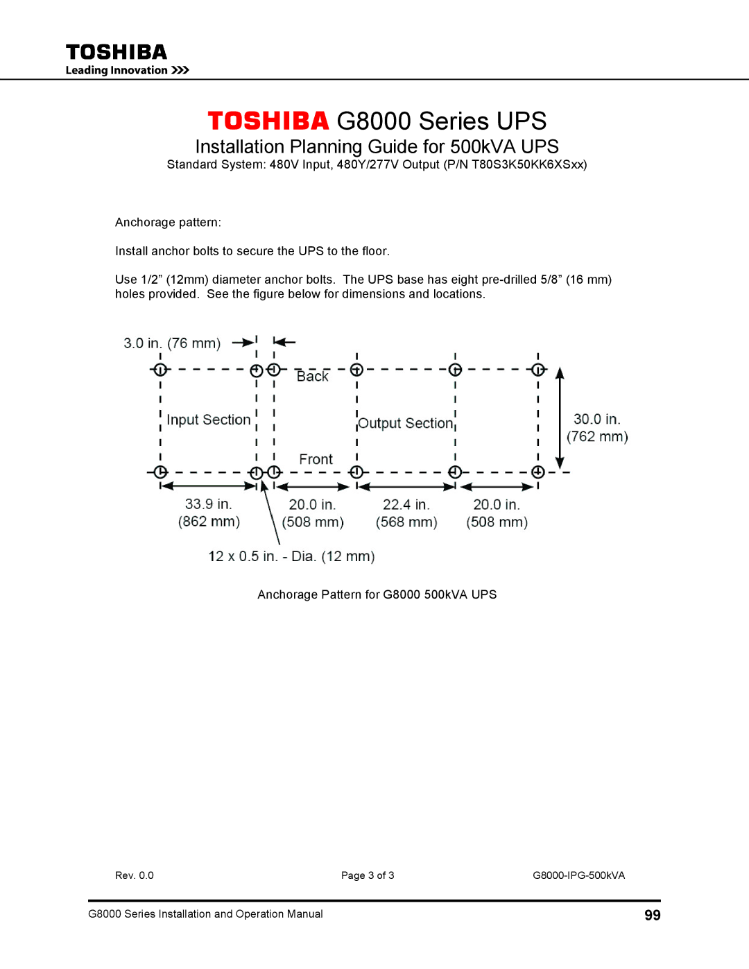 Toshiba 480 V, 500 KW, 225, 150, 300, 125, 100 operation manual Toshiba G8000 Series UPS 