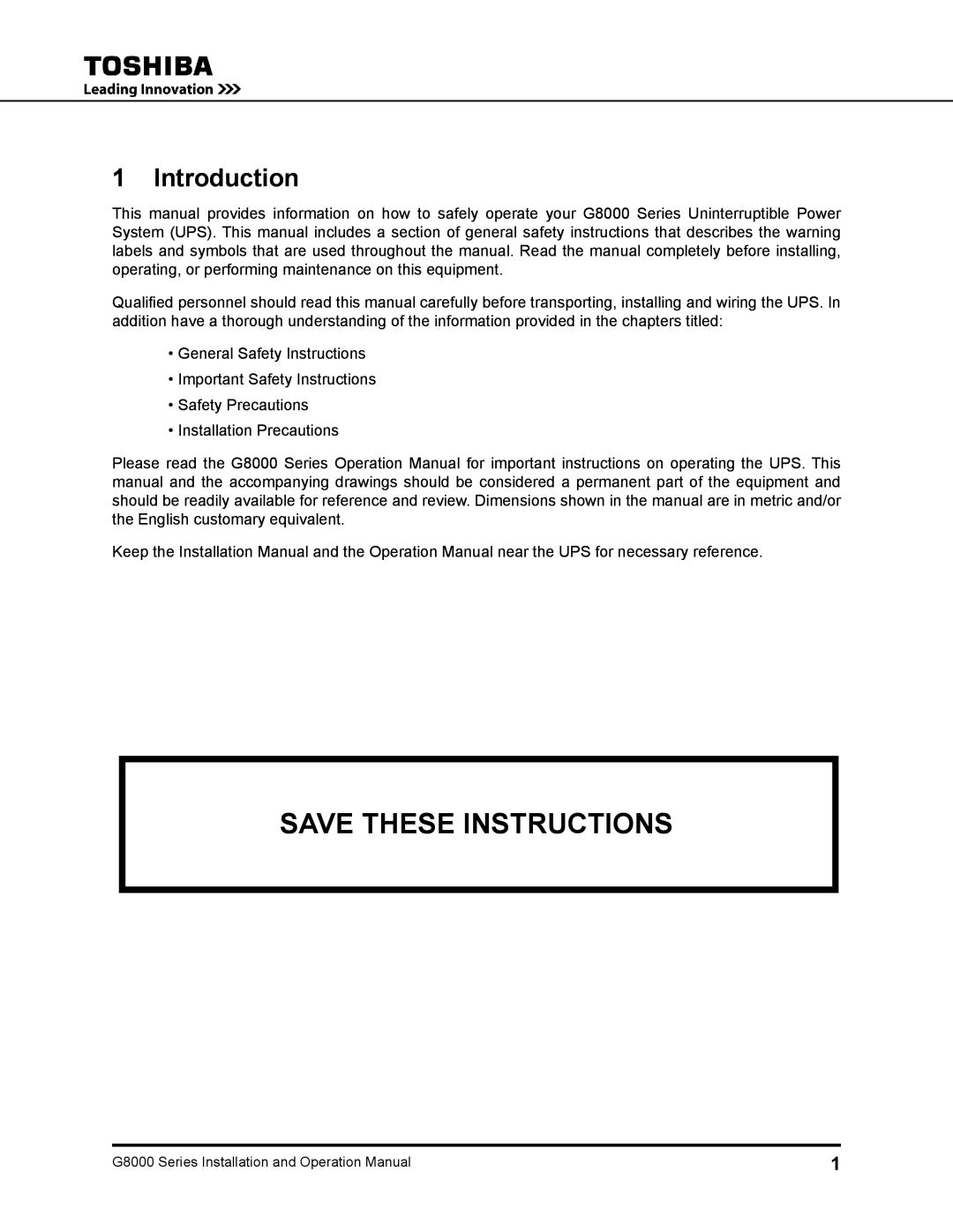 Toshiba 225, 500 KW, 480 V, 150, 300, 125, 100 operation manual Introduction 