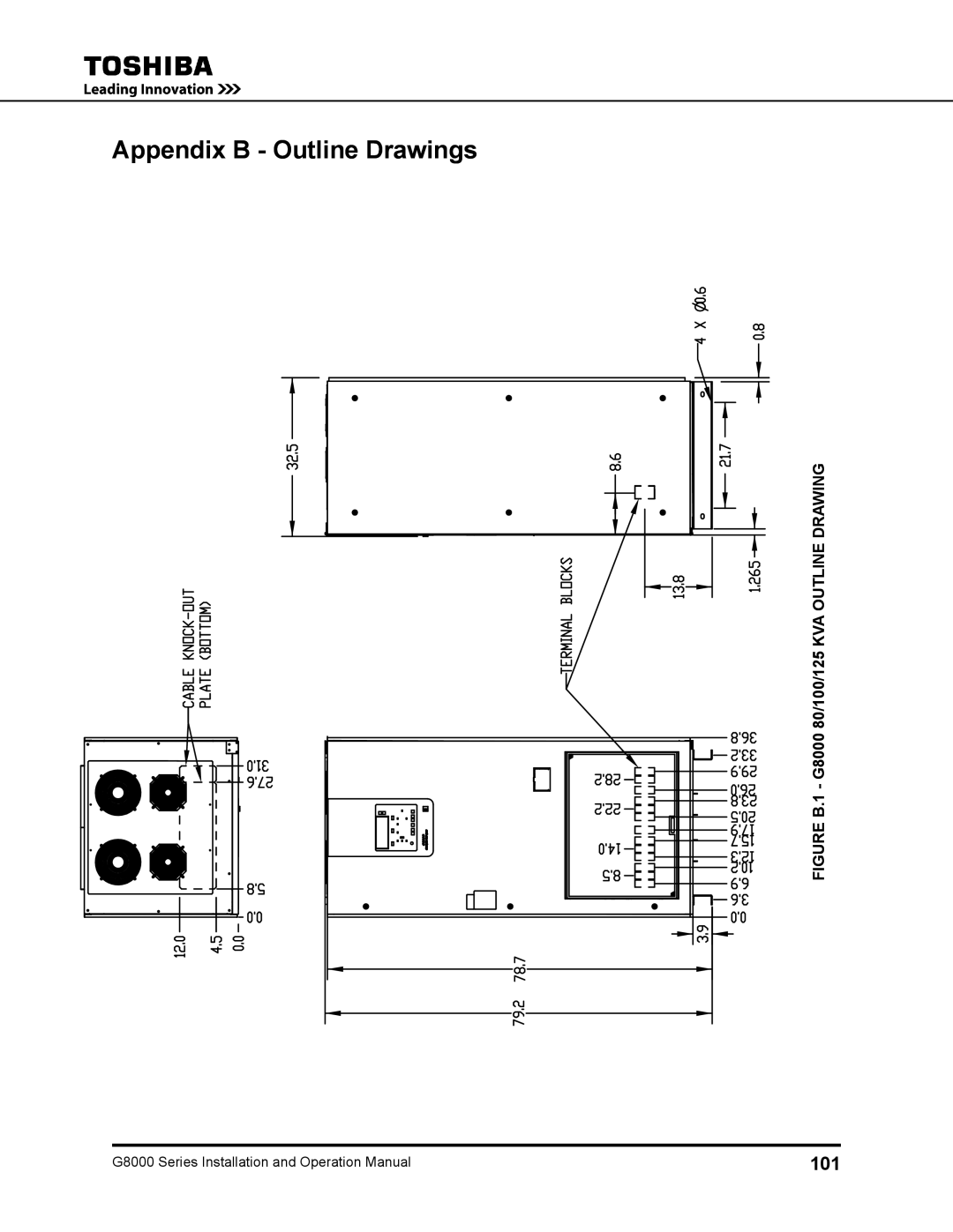 Toshiba 500 KW, 480 V, 225, 150, 300, 125, 100 operation manual Appendix B Outline Drawings, 101 