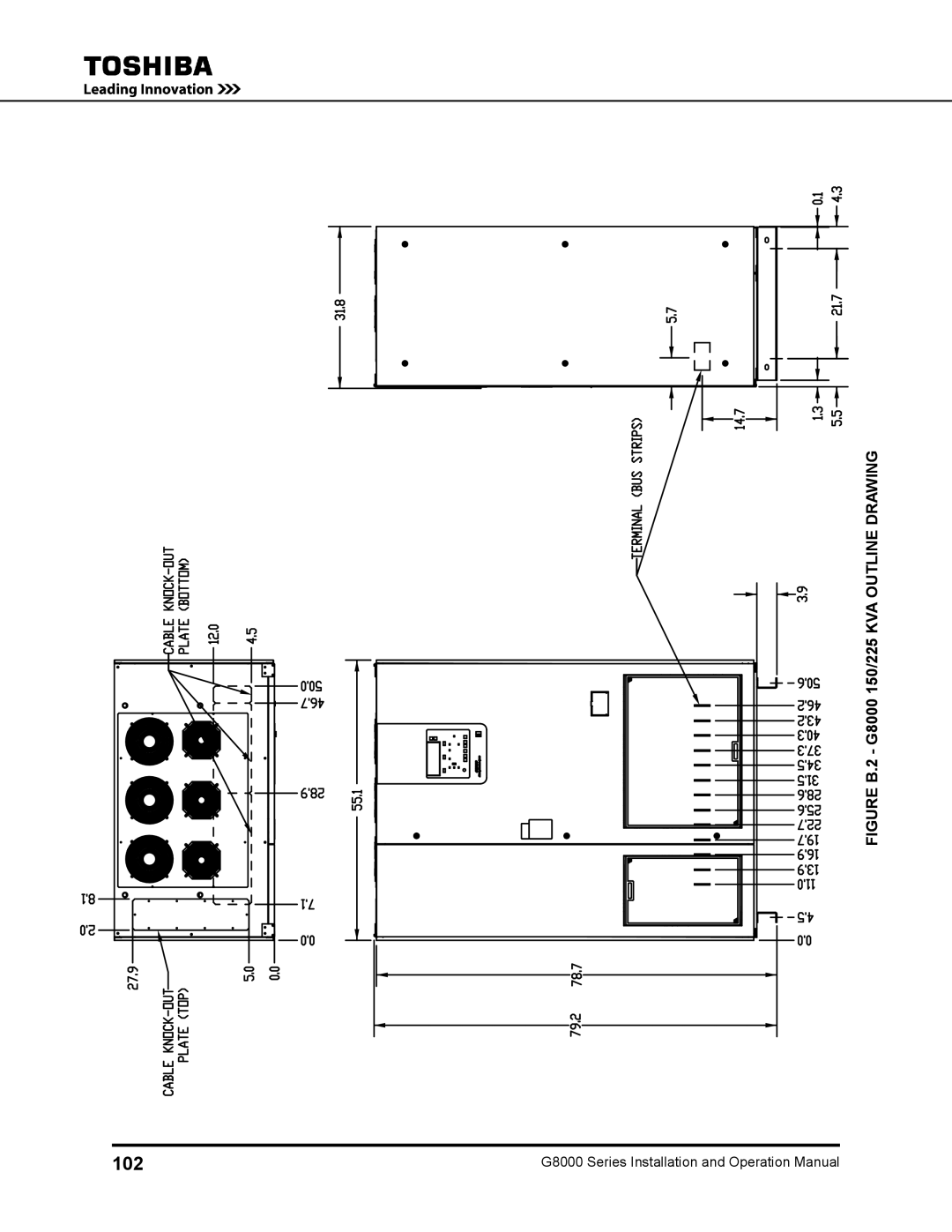 Toshiba 500 KW, 480 V, 300, 125, 100 operation manual 102, Figure B.2 G8000 150/225 KVA Outline Drawing 