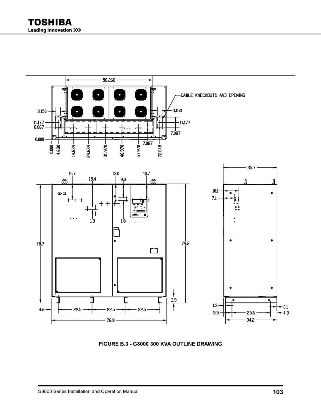 Toshiba 500 KW, 480 V, 225, 150, 125, 100 operation manual 103, Figure B.3 G8000 300 KVA Outline Drawing 