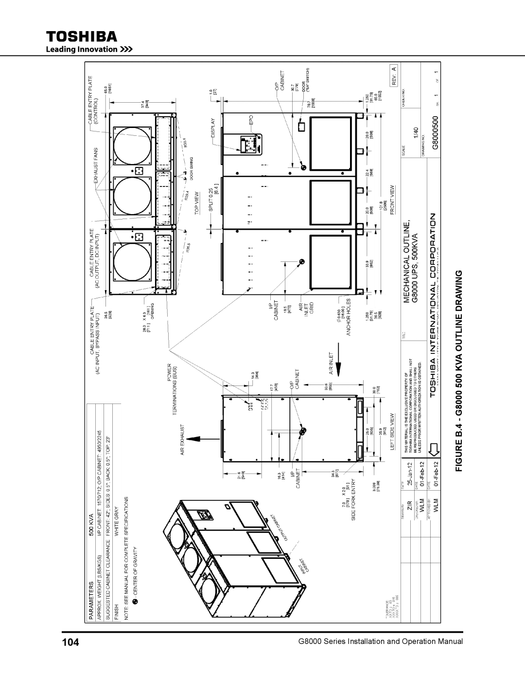 Toshiba 300, 500 KW, 480 V, 225, 150, 125, 100 operation manual 104, Figure B.4 G8000 500 KVA Outline Drawing 