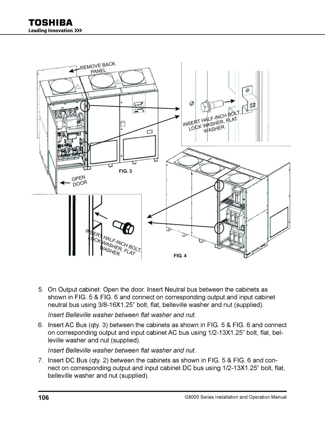 Toshiba 100, 500 KW, 480 V, 225, 150, 300, 125 operation manual Insert Belleville washer between flat washer and nut, 106 