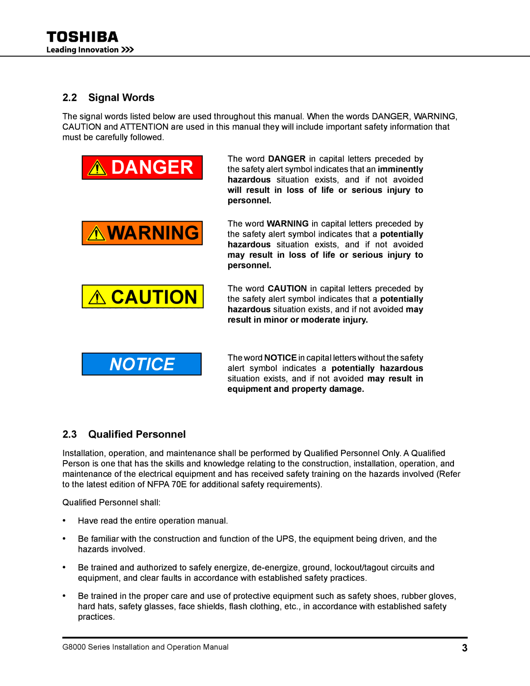 Toshiba 150, 500 KW, 480 V, 225, 300, 125, 100 operation manual Signal Words, Qualified Personnel 