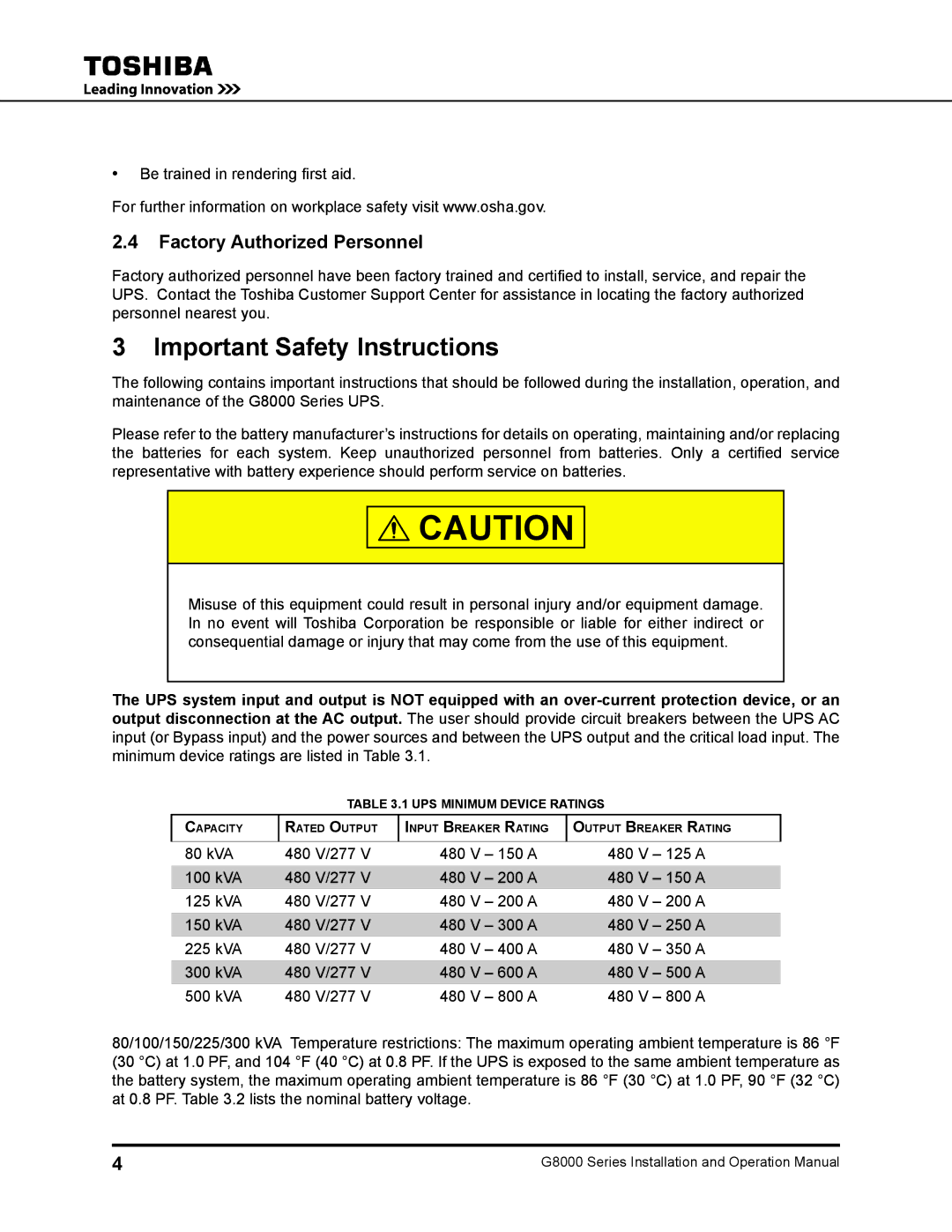 Toshiba 500 KW, 480 V, 225, 150, 300, 125, 100 operation manual Important Safety Instructions, Factory Authorized Personnel 