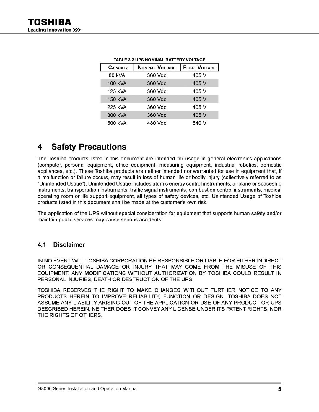 Toshiba 300, 500 KW, 480 V, 225, 150, 125, 100 operation manual Safety Precautions, Disclaimer 