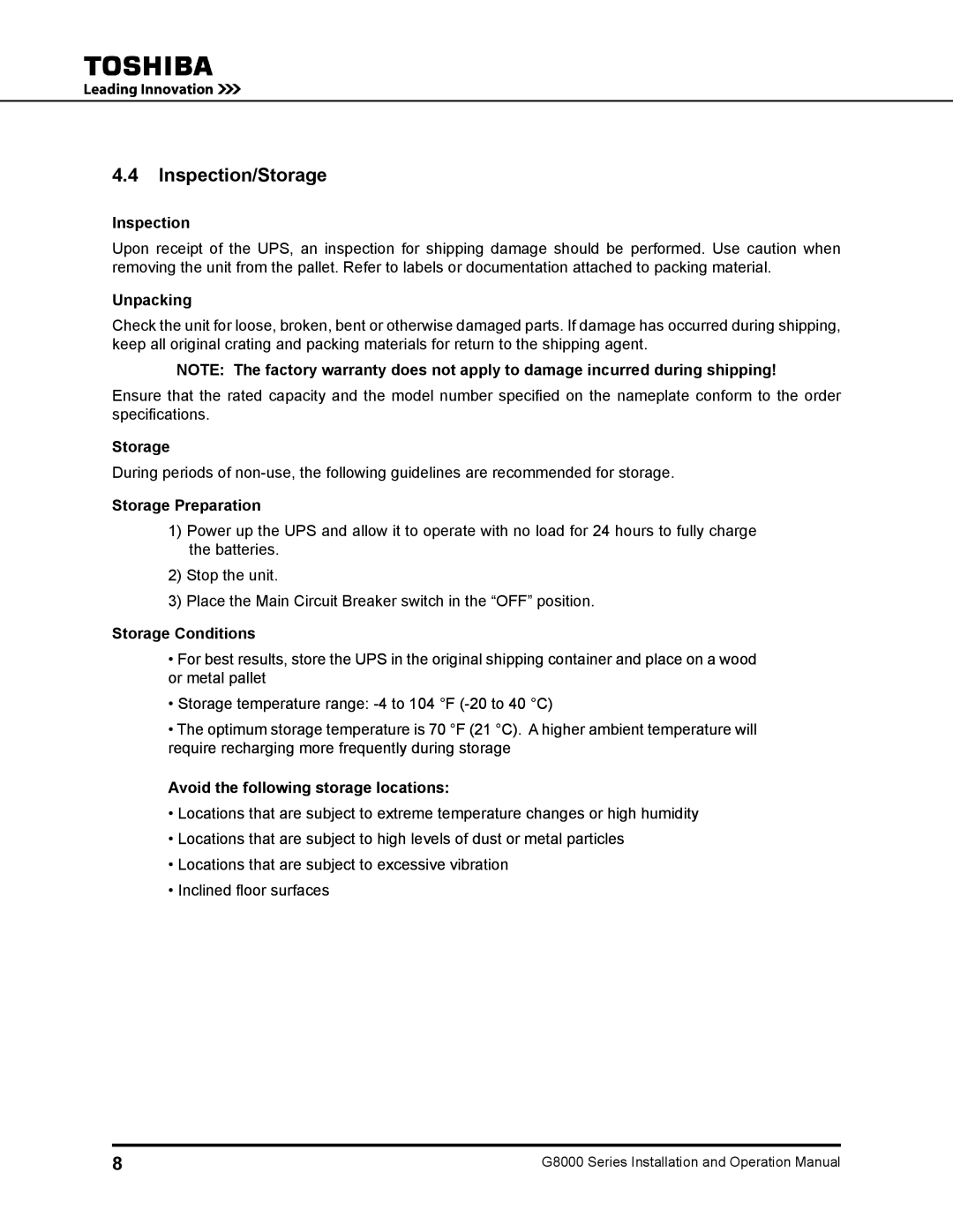 Toshiba 500 KW, 480 V, 225, 150, 300, 125, 100 operation manual Inspection/Storage 