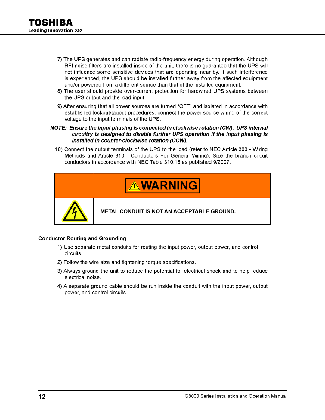 Toshiba 150, 500 KW, 480 V, 225, 300, 125, 100 Metal Conduit is not AN Acceptable Ground, Conductor Routing and Grounding 