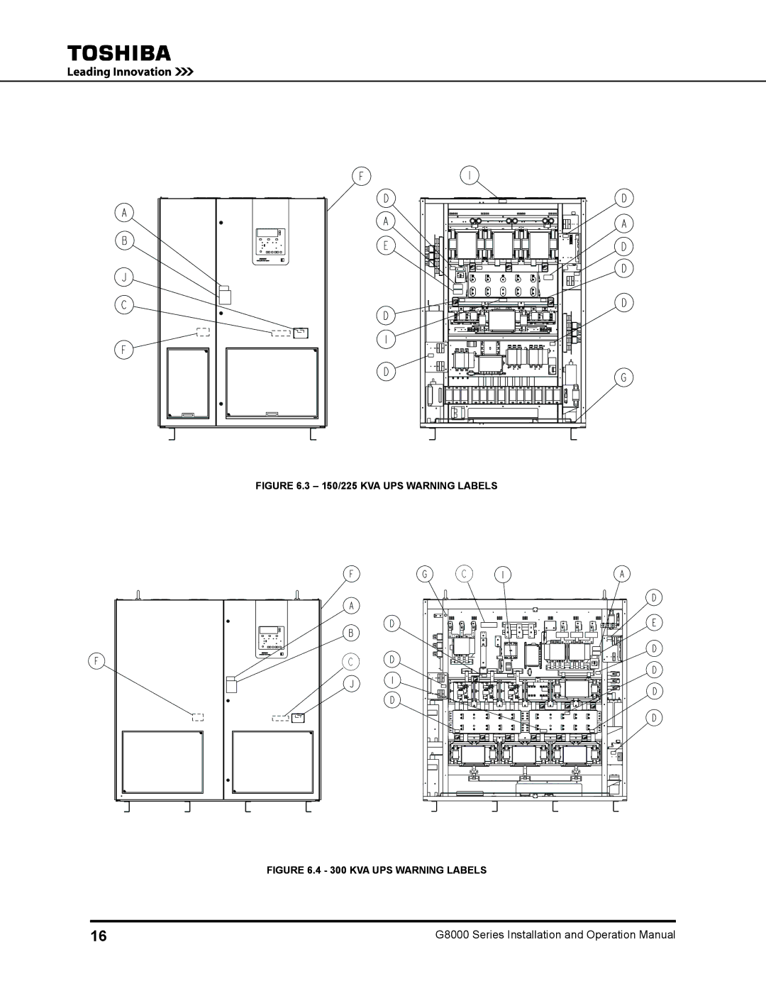 Toshiba 100, 500 KW, 480 V, 300, 125 operation manual 150/225 KVA UPS Warning Labels 