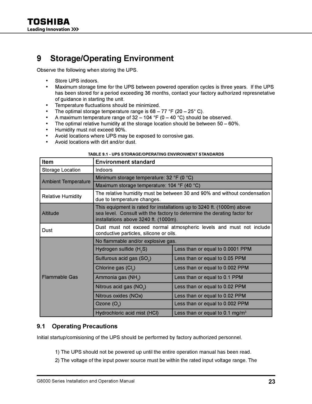 Toshiba 300, 500 KW, 480 V, 225, 150, 125, 100 operation manual Storage/Operating Environment, Operating Precautions 