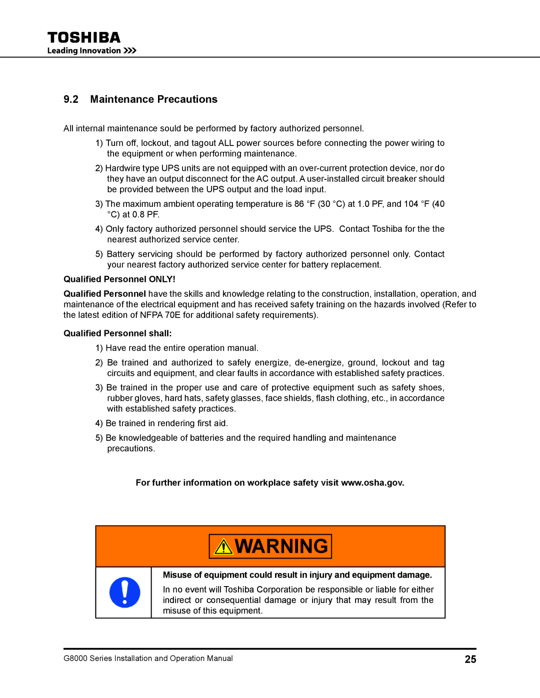 Toshiba 100, 500 KW, 480 V, 225, 150, 300, 125 Maintenance Precautions, Qualified Personnel only, Qualified Personnel shall 