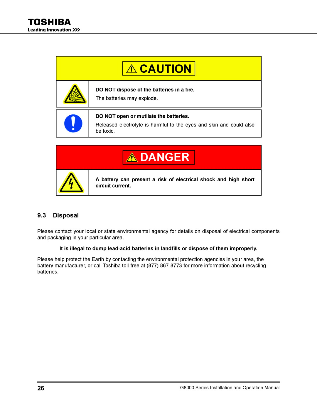 Toshiba 500 KW, 480 V, 225, 150 Disposal, Do not dispose of the batteries in a fire, Do not open or mutilate the batteries 