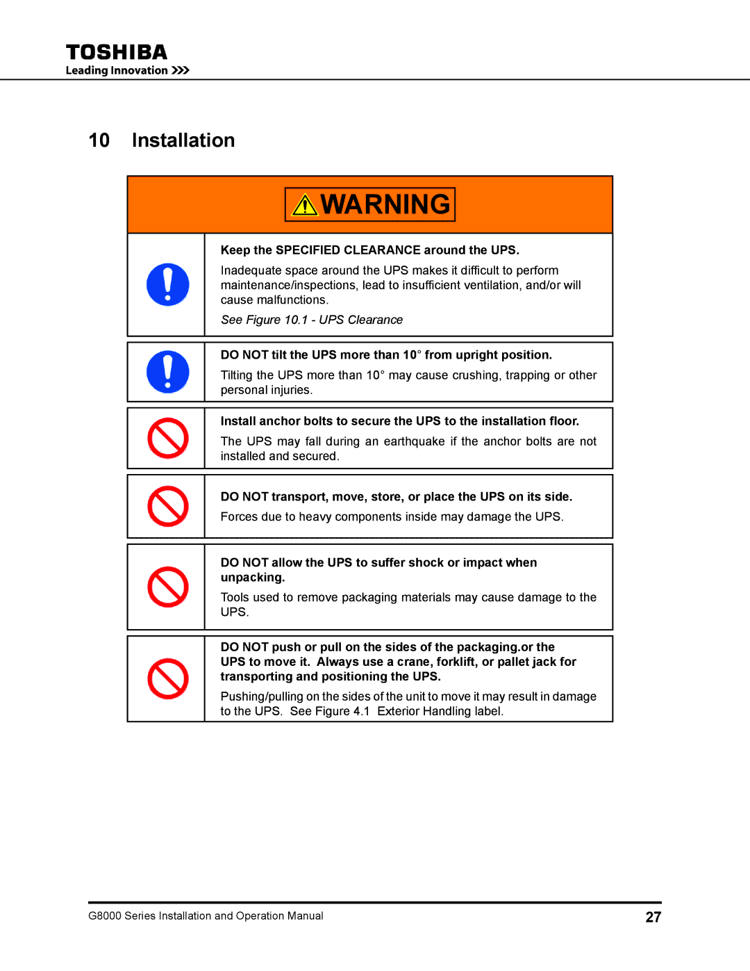 Toshiba 480 V, 500 KW, 225, 150, 300, 125, 100 operation manual Installation, Keep the Specified Clearance around the UPS 