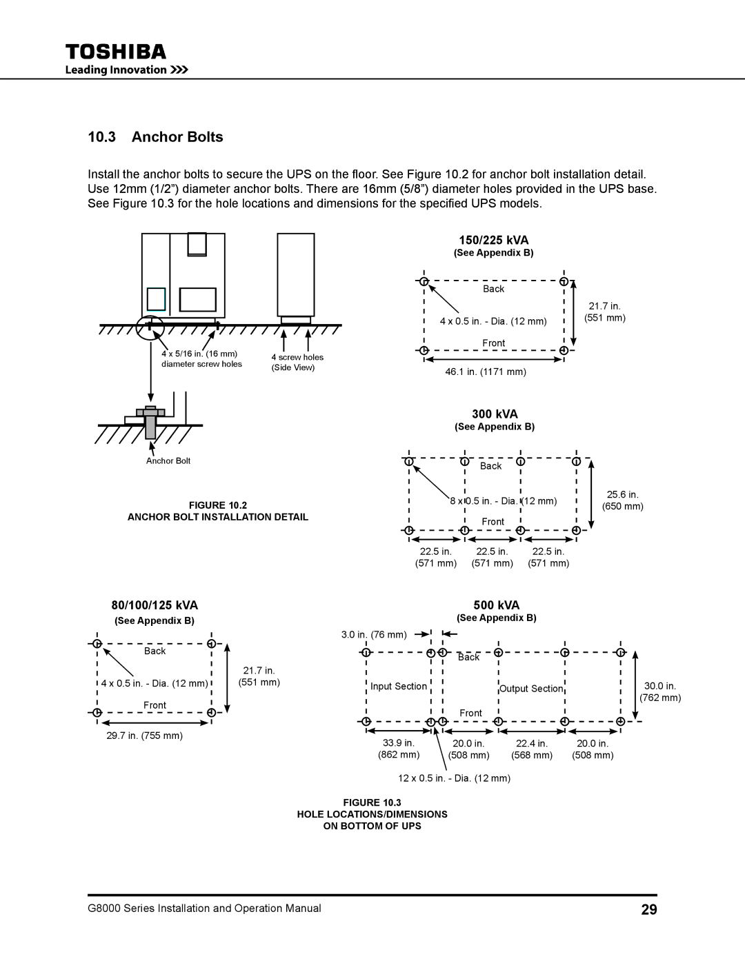 Toshiba 500 KW, 480 V operation manual Anchor Bolts, 150/225 kVA, 300 kVA, 80/100/125 kVA, 500 kVA 