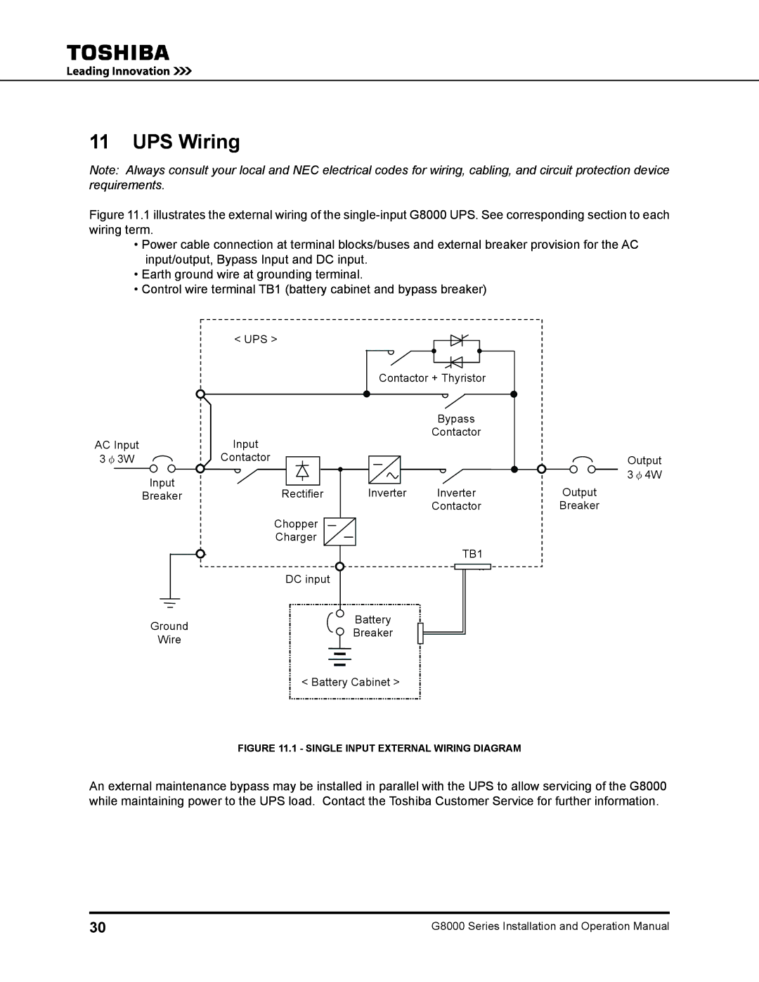 Toshiba 150, 500 KW, 480 V, 225, 300, 125, 100 operation manual UPS Wiring, Single Input External Wiring Diagram 